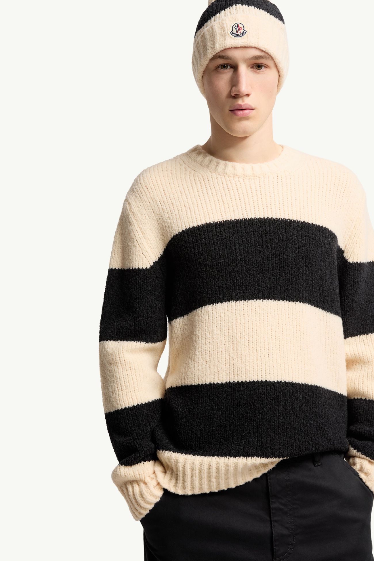 Striped Wool Blend Bouclé Sweater Men Black & White Moncler 5