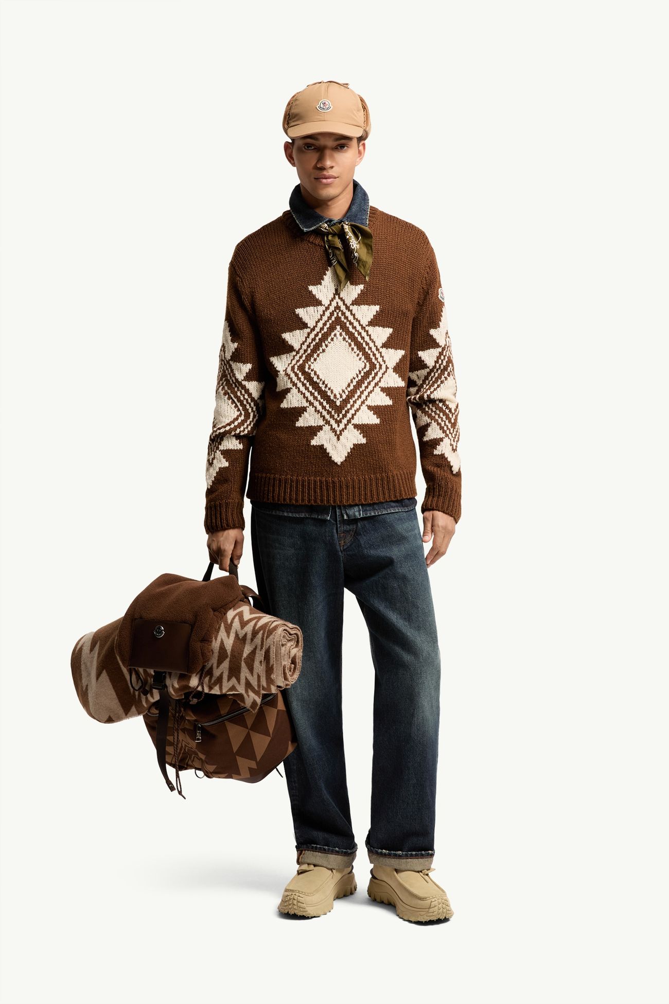 Pull en jacquard de laine mélangé géométrique Hommes Marron Moncler 0