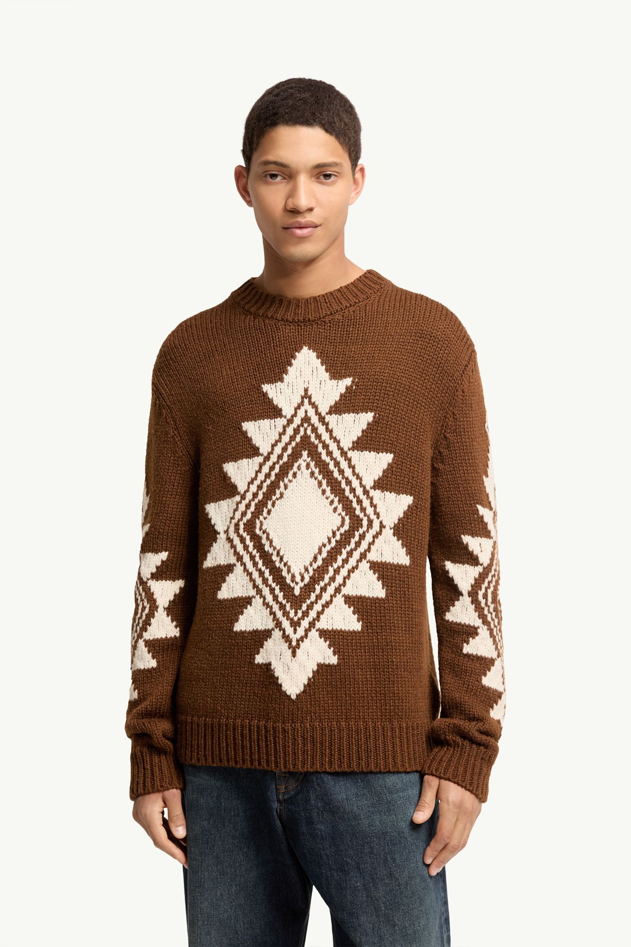 Pull en jacquard de laine mélangé géométrique Hommes Marron Moncler 3