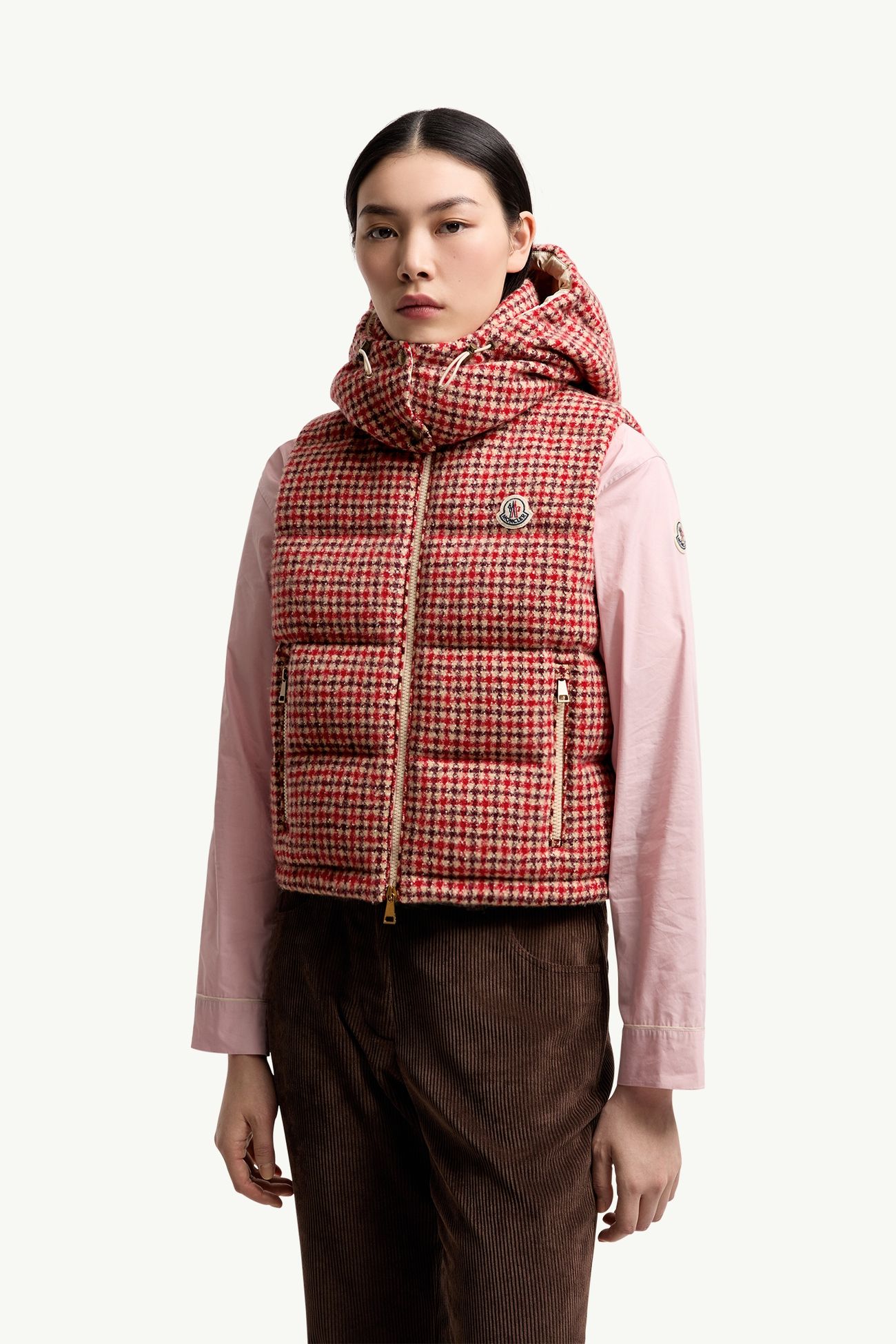 Gilet imbottito in piuma in misto lana pied de poule Niverolle Donna Rosa Moncler 3