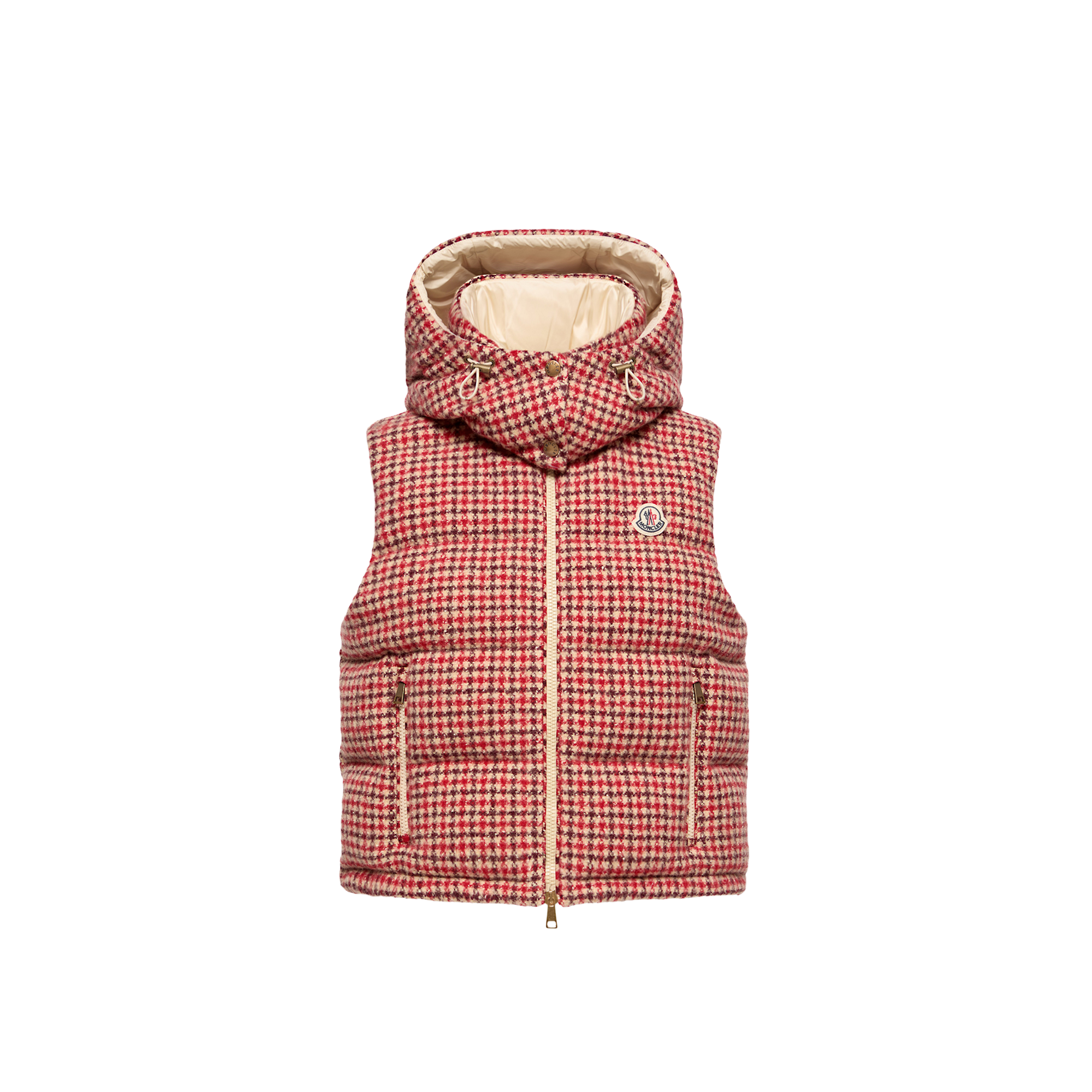 Moncler   Niverolle Houndstooth Wool Blend Down Gilet for Women in Pink, Size: 14