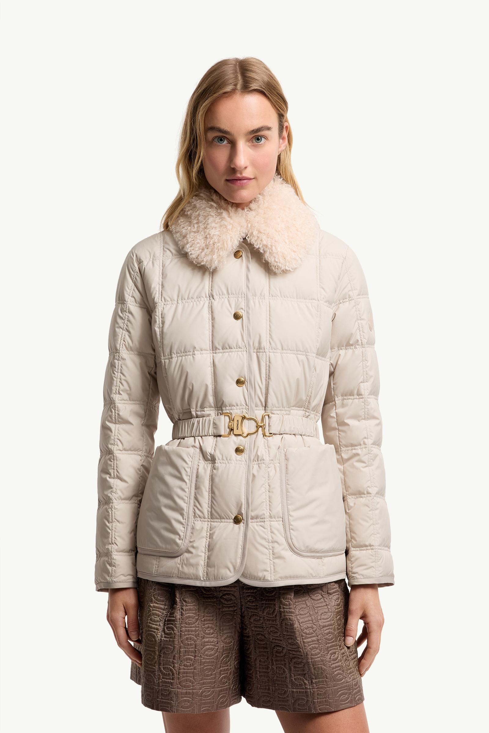 Light Beige Cygnes Belted Short Down Jacket - Lightweight Down
