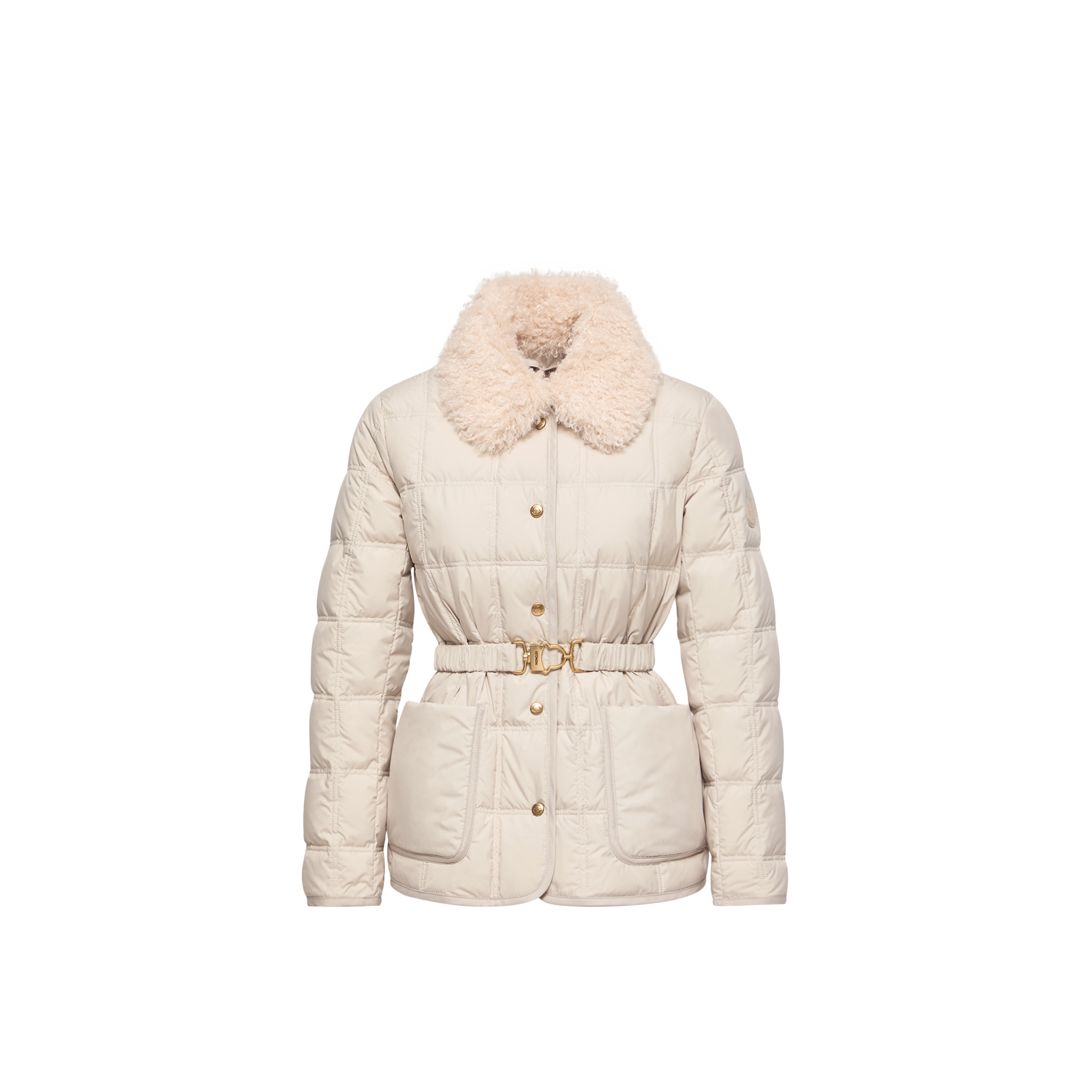 Moncler   Cygnes Belted Short Down Jacket for Women in Beige, Size: 14