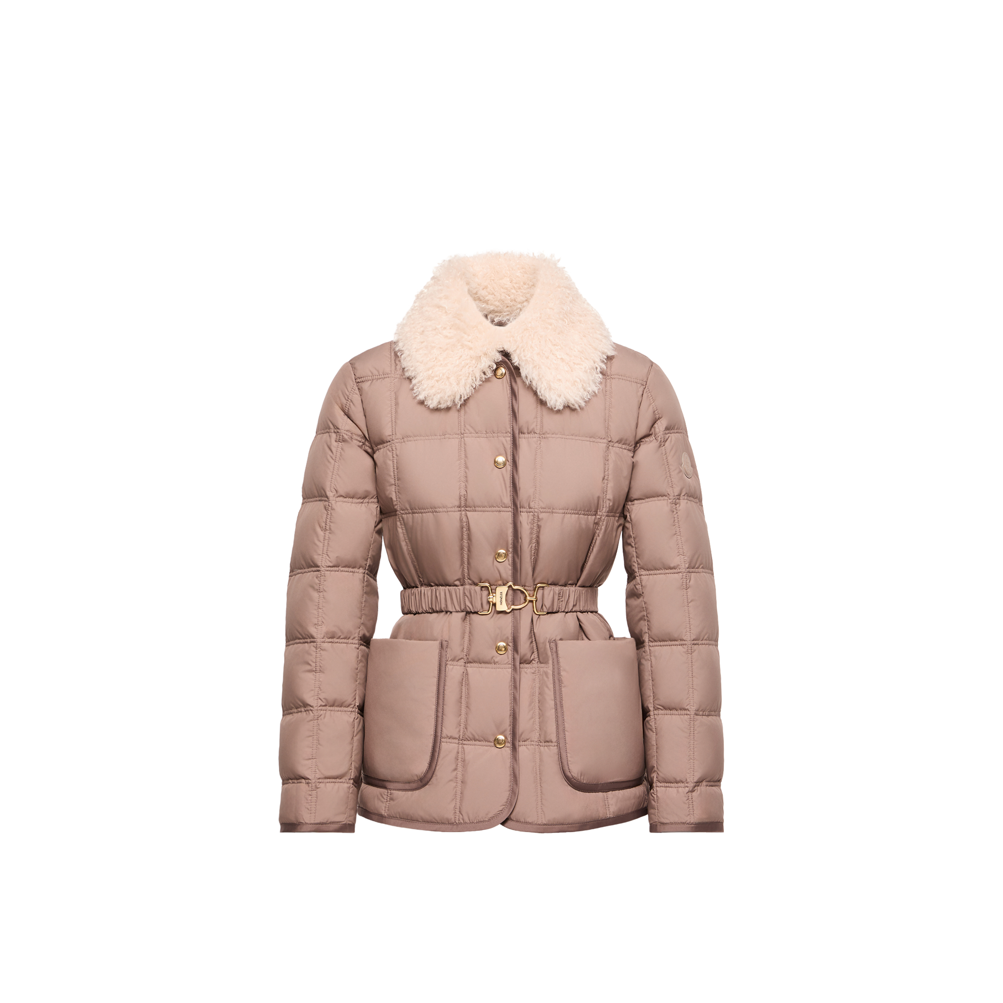 Moncler   Cygnes Belted Short Down Jacket for Women in Brown, Size: 14