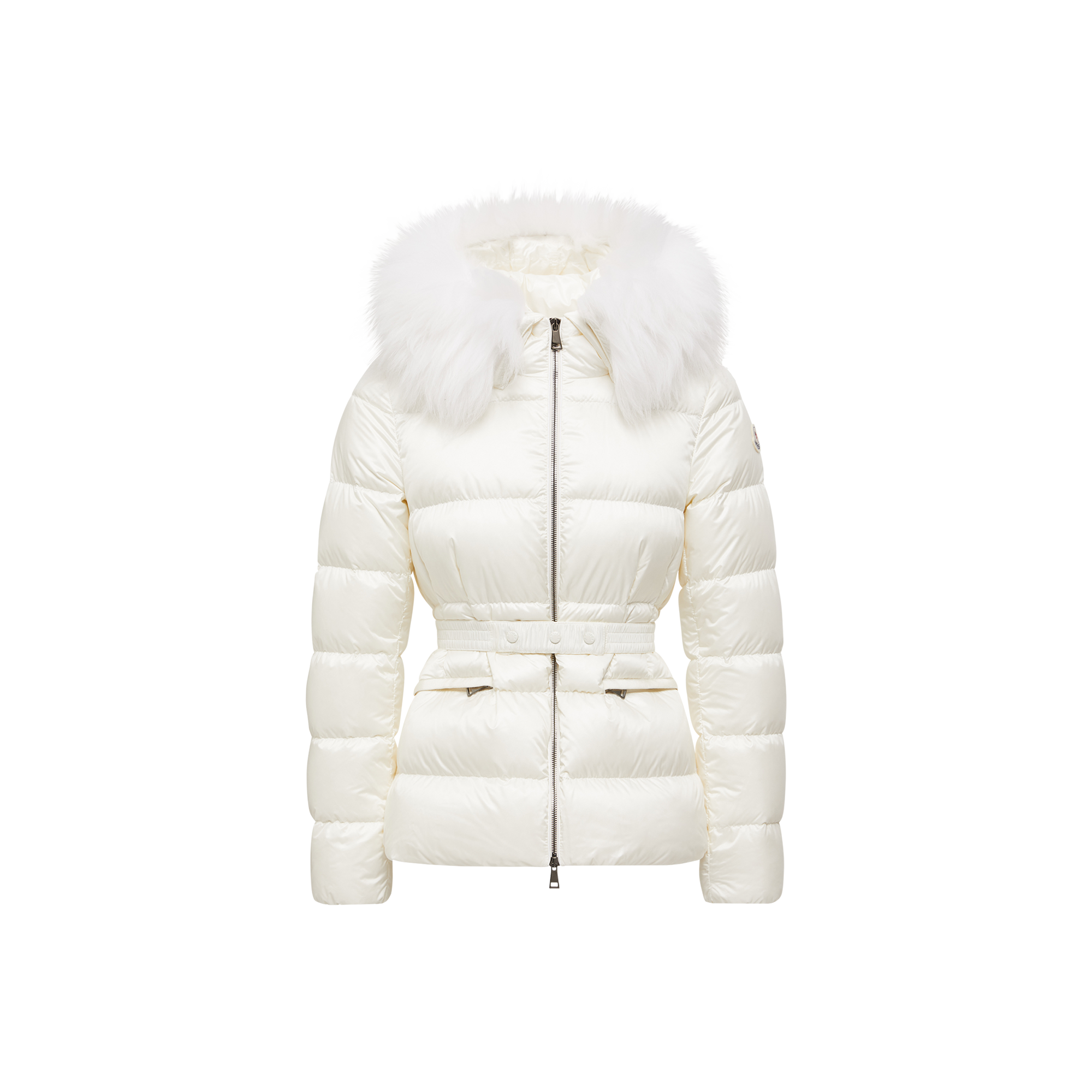 Moncler   Boed Hooded Shearling-Trimmed Short Down Jacket for Women in White, Size: 14