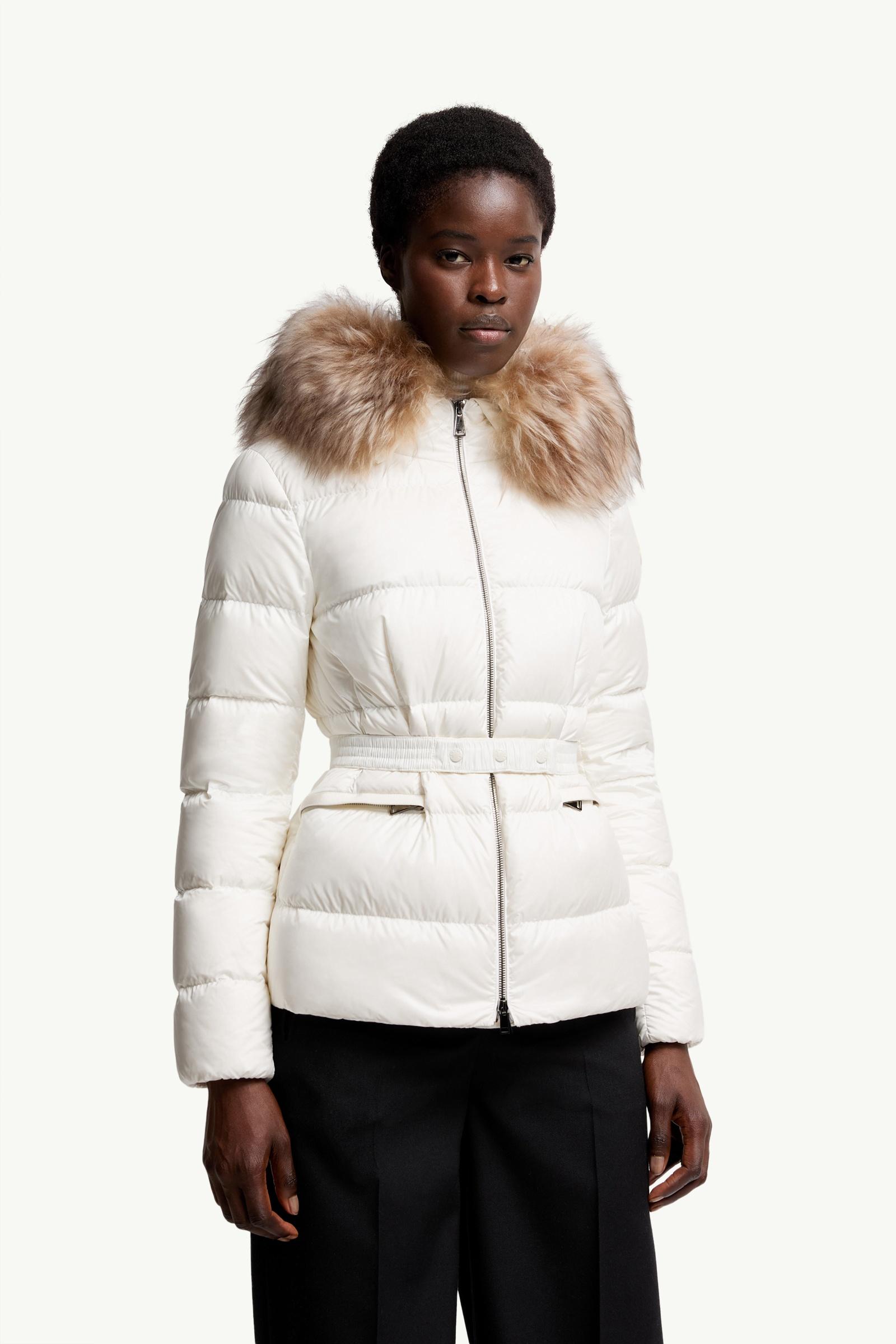 White & Beige Boed Hooded Shearling-Trimmed Short Down Jacket