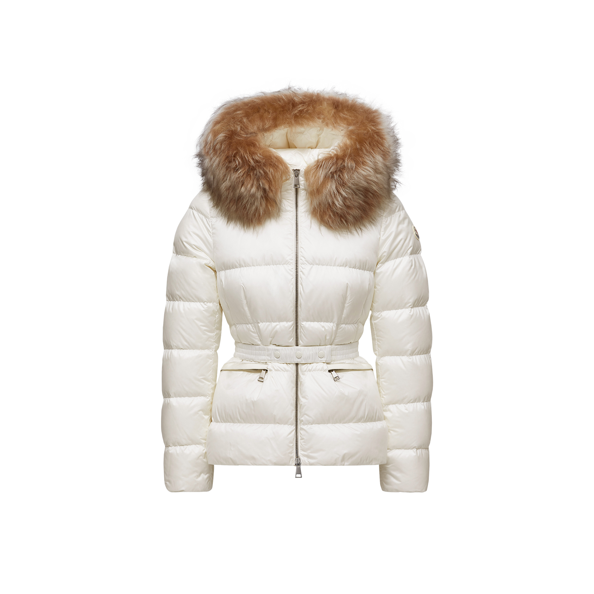 Moncler   Boed Hooded Shearling-Trimmed Short Down Jacket for Women in White, Size: 14