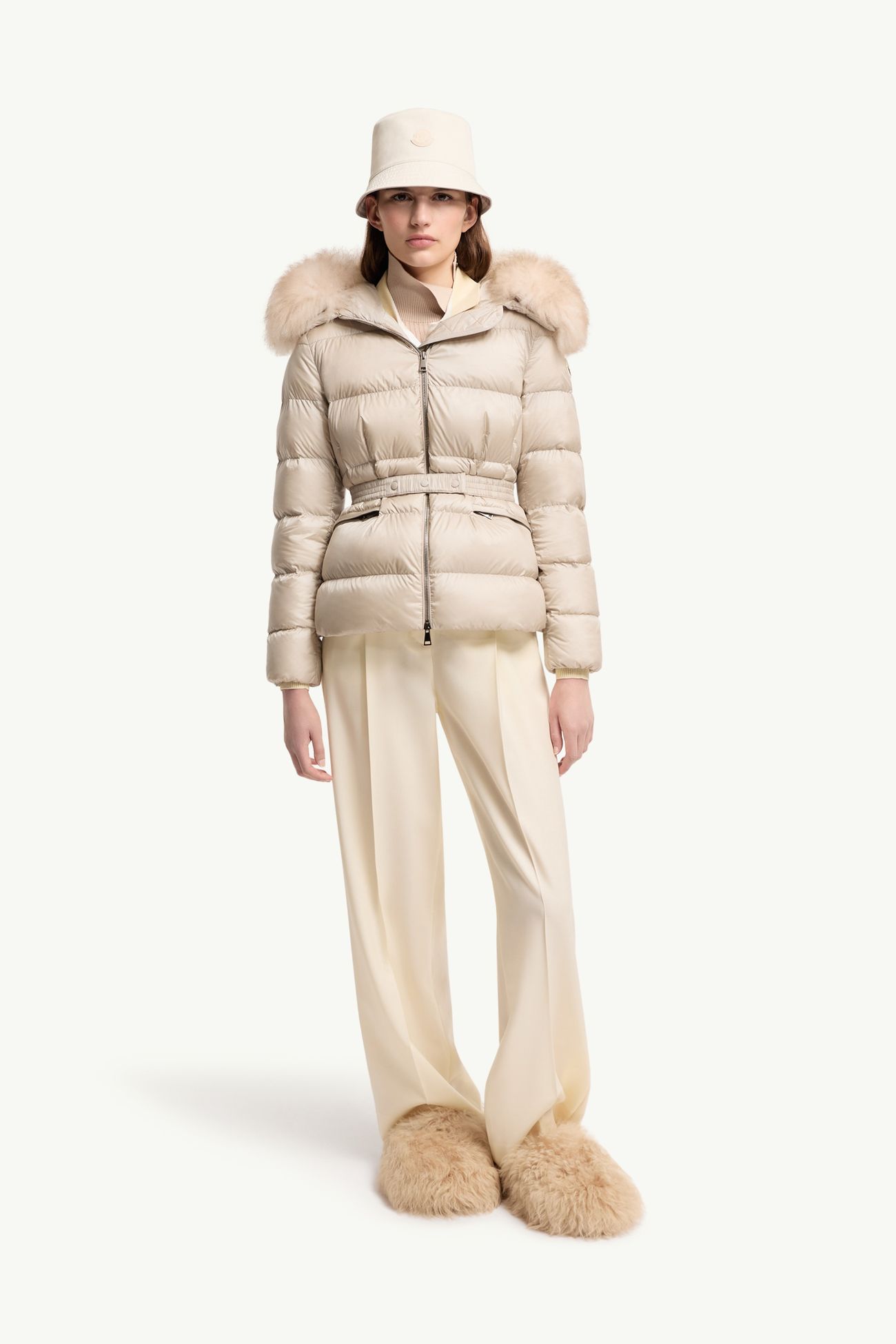 Boed Hooded Shearling-Trimmed Short Down Jacket Women Light Beige Moncler 0