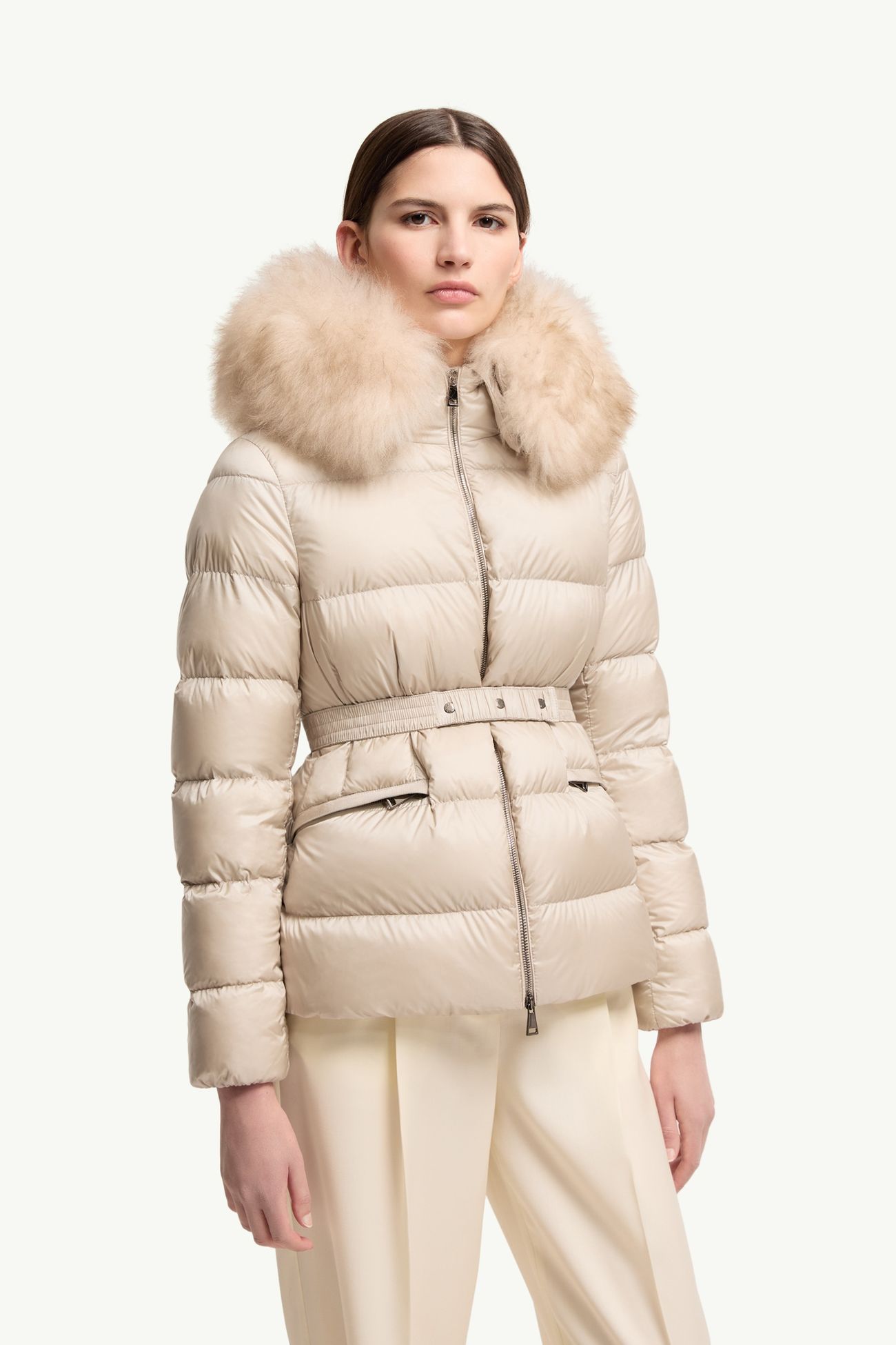 Boed Hooded Shearling-Trimmed Short Down Jacket Women Light Beige Moncler 3