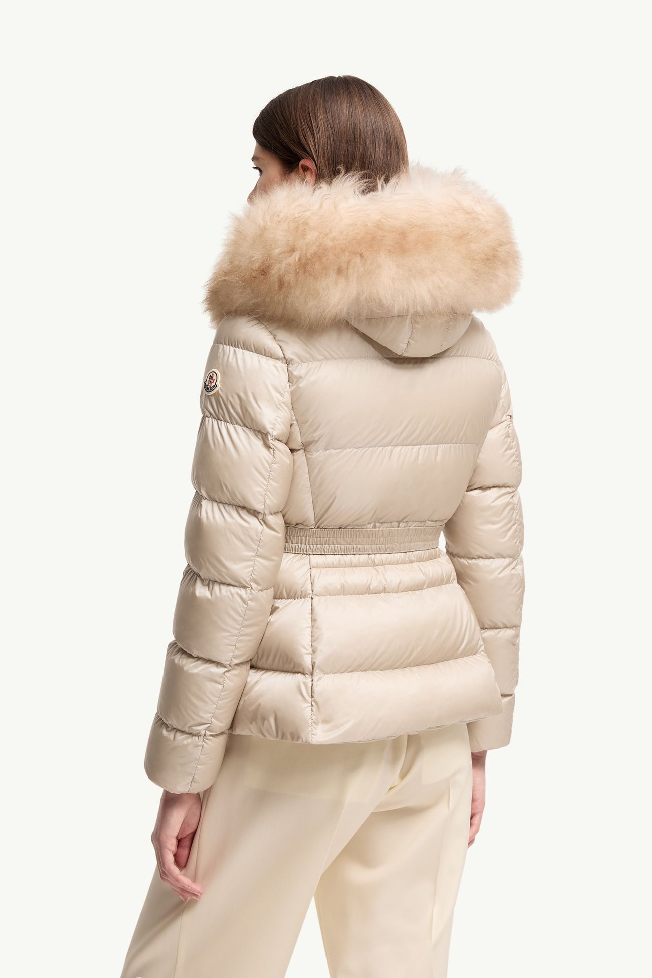 Boed kurze Daunenjacke mit Kapuze und Shearling-Besatz Damen Hellbeige Moncler 4