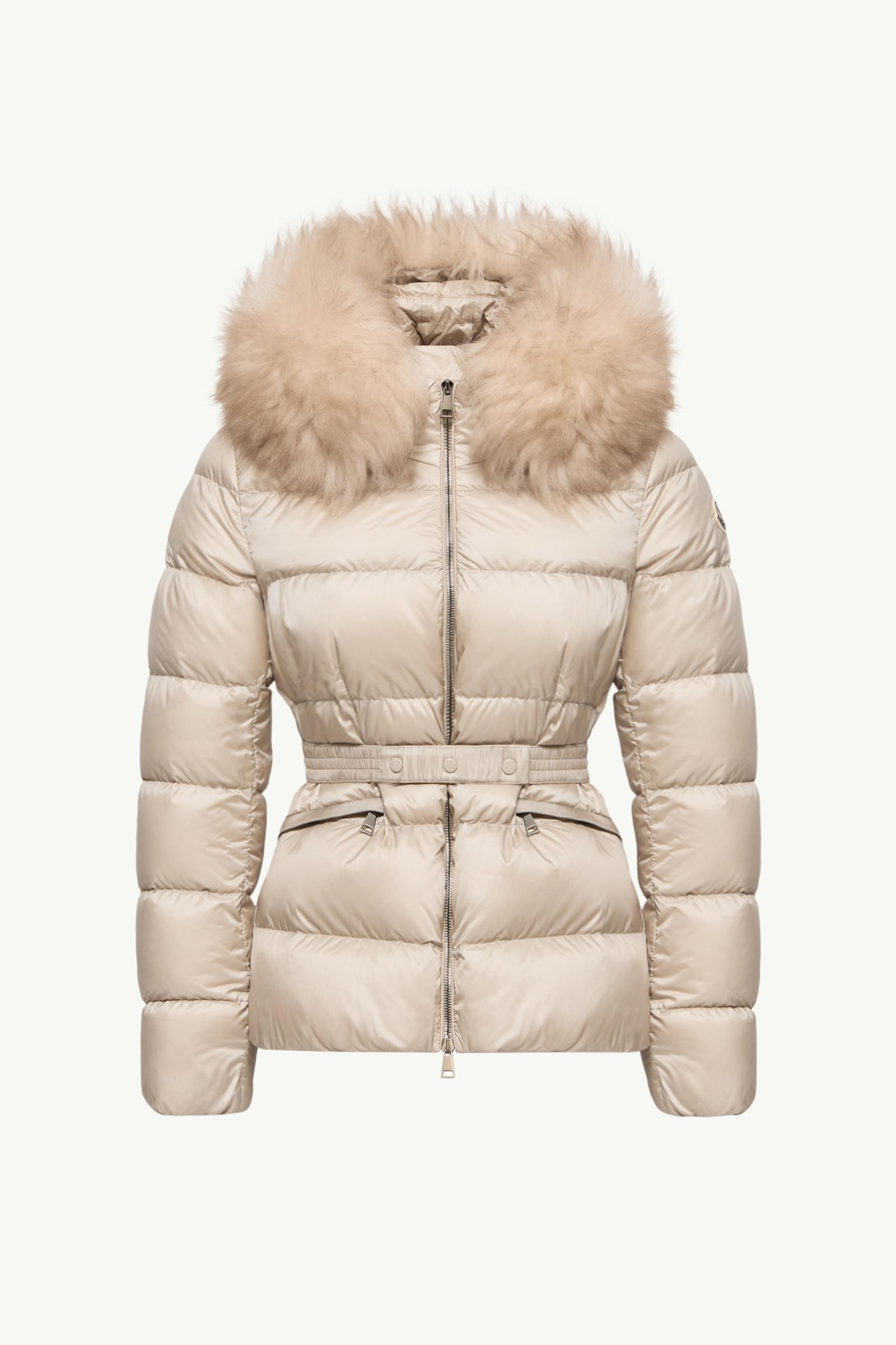 Boed kurze Daunenjacke mit Kapuze und Shearling-Besatz Damen Hellbeige Moncler