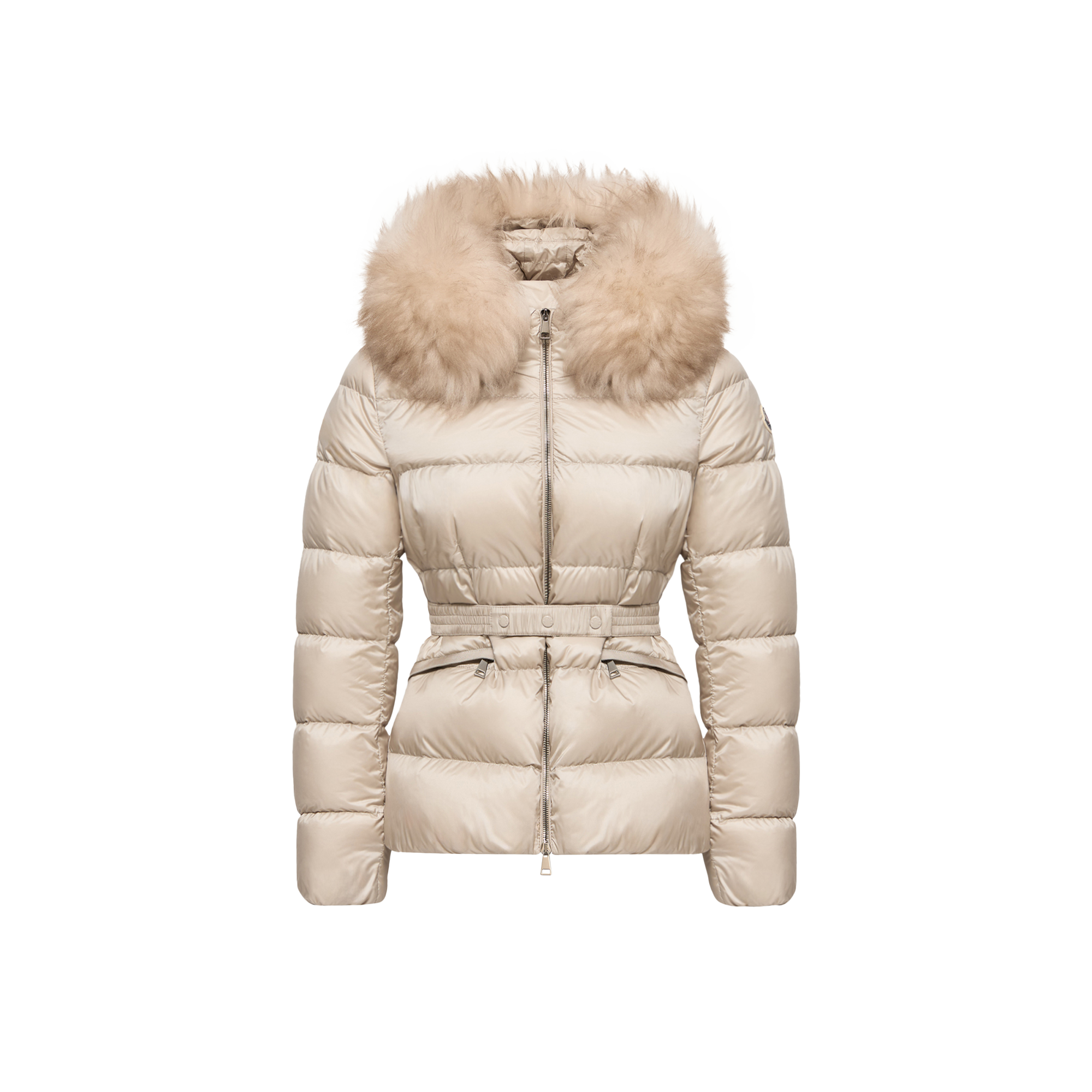 Moncler   Boed Hooded Shearling-Trimmed Short Down Jacket for Women in Beige, Size: 20