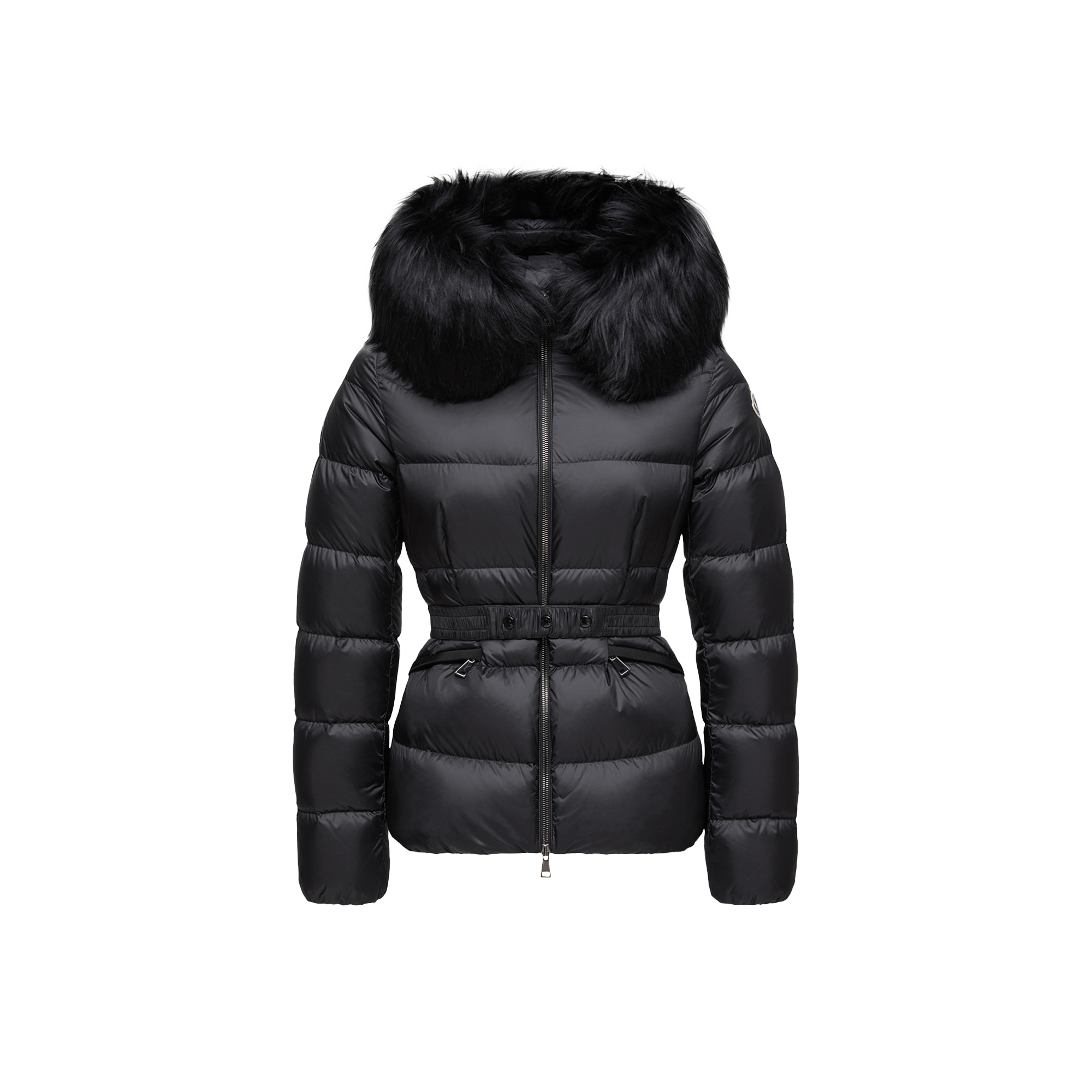 Moncler   Boed Hooded Shearling-Trimmed Short Down Jacket for Women in Black, Size: 24