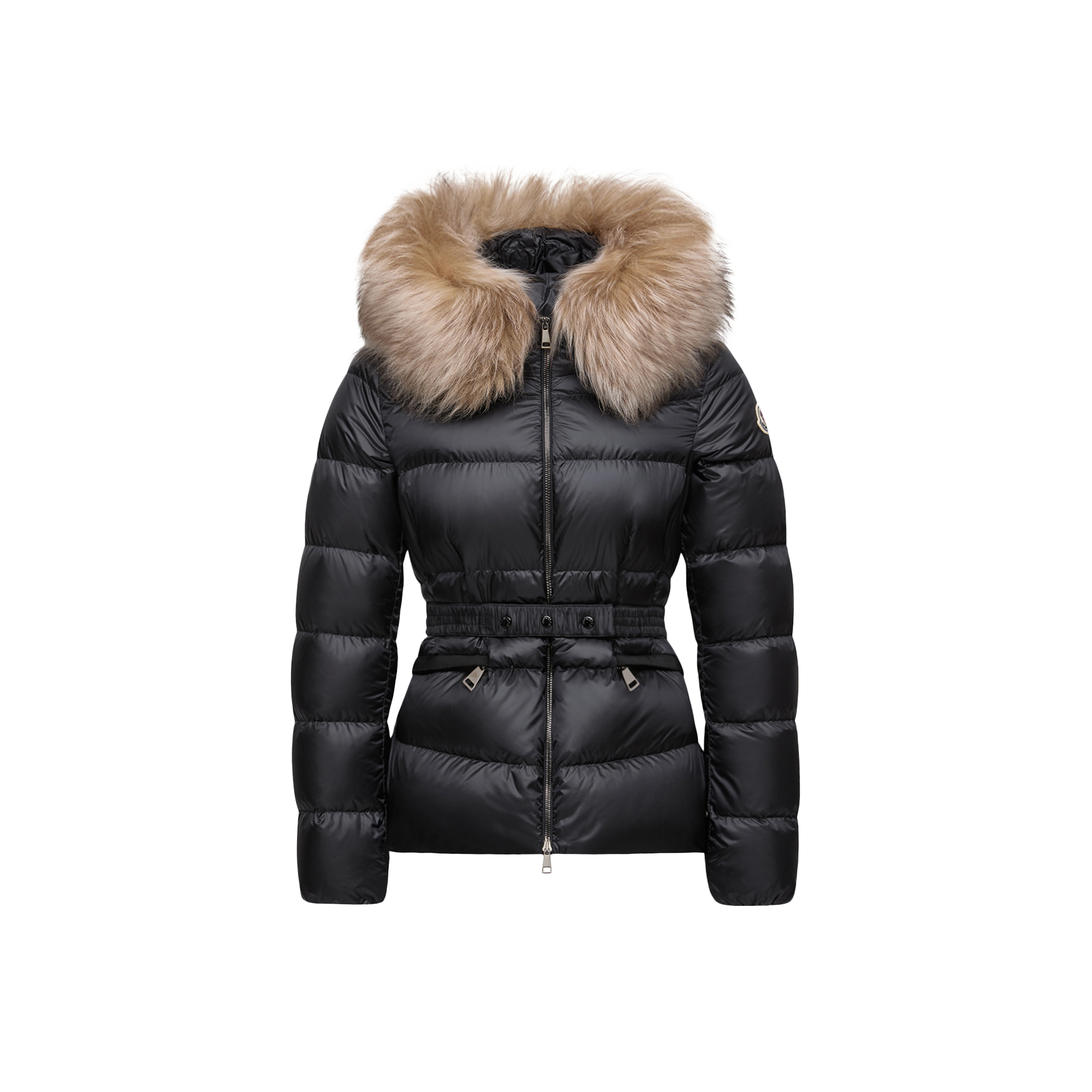 Moncler   Boed Hooded Shearling-Trimmed Short Down Jacket for Women in Black, Size: 16