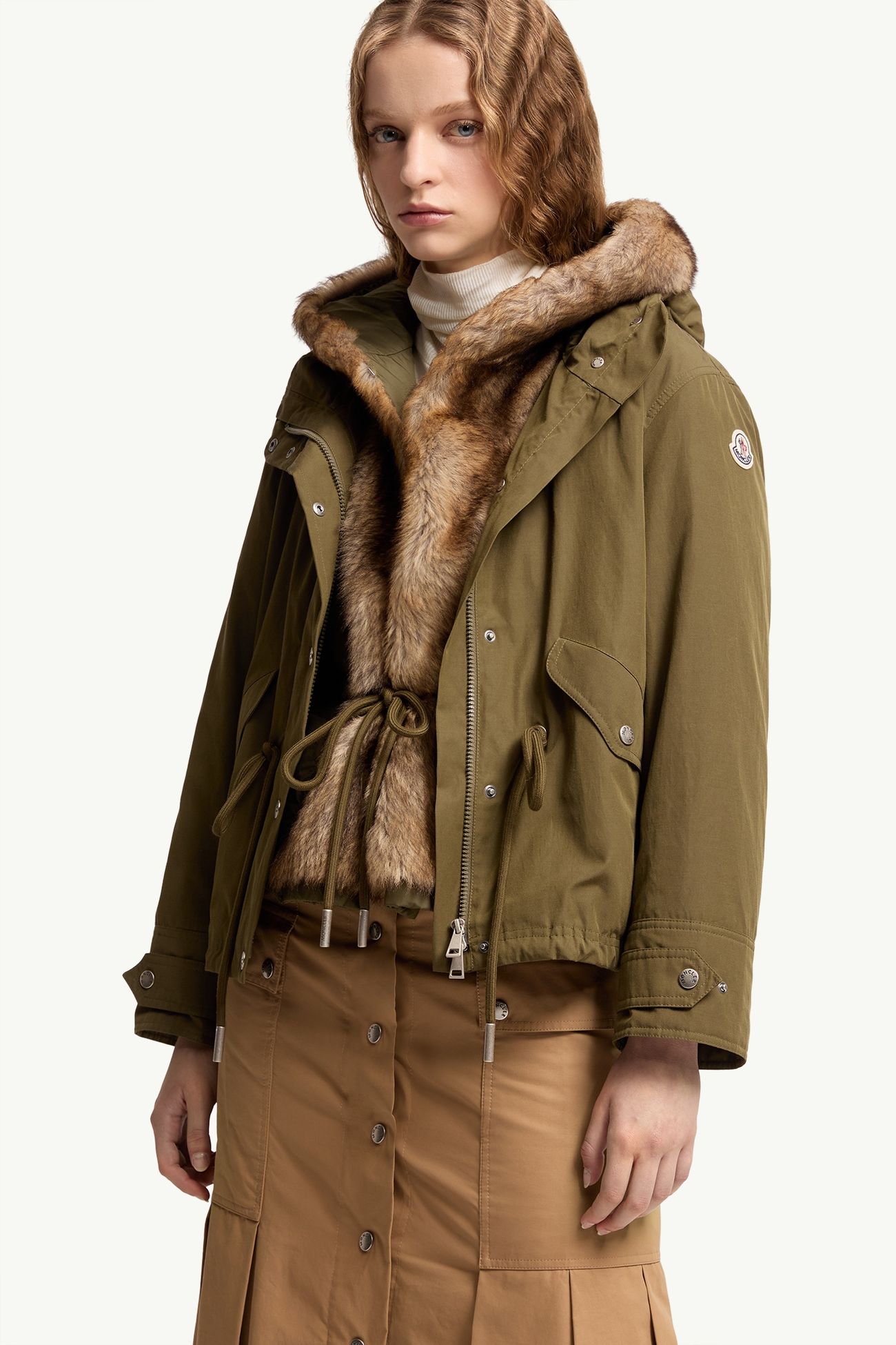 Effraie三合一连帽羊毛皮饰边羽绒派克大衣 女士 橄榄绿 Moncler 7