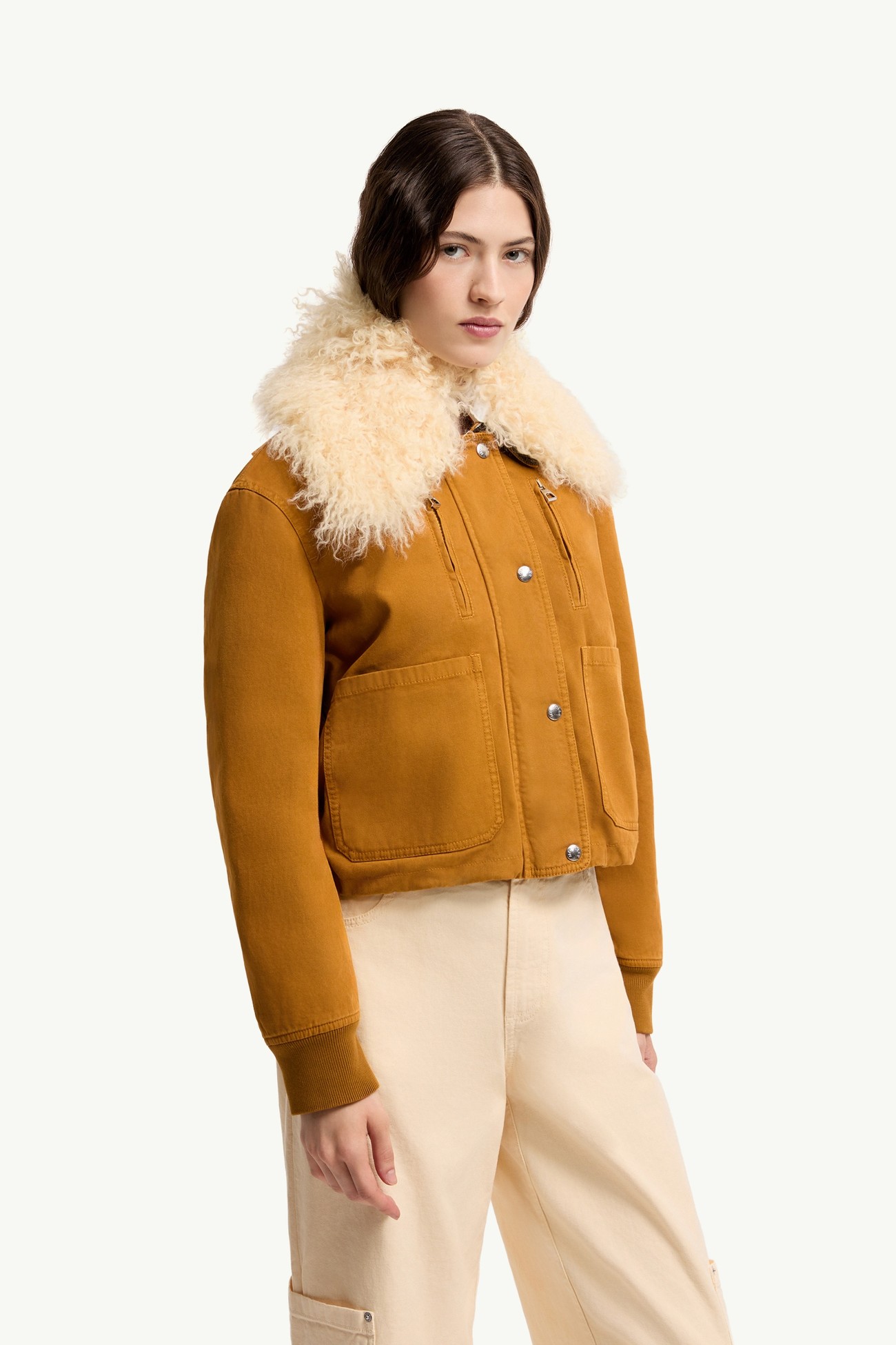 Plumífero corto y ribete de lana de oveja joven Gravio Mujer Amarillo Oscuro Moncler 3