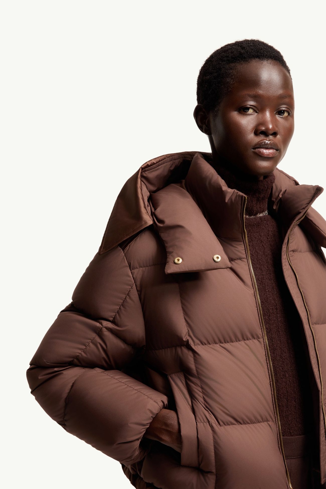 Legerete Square-Quilted Hooded Short Down Jacket Women Brown Moncler 5
