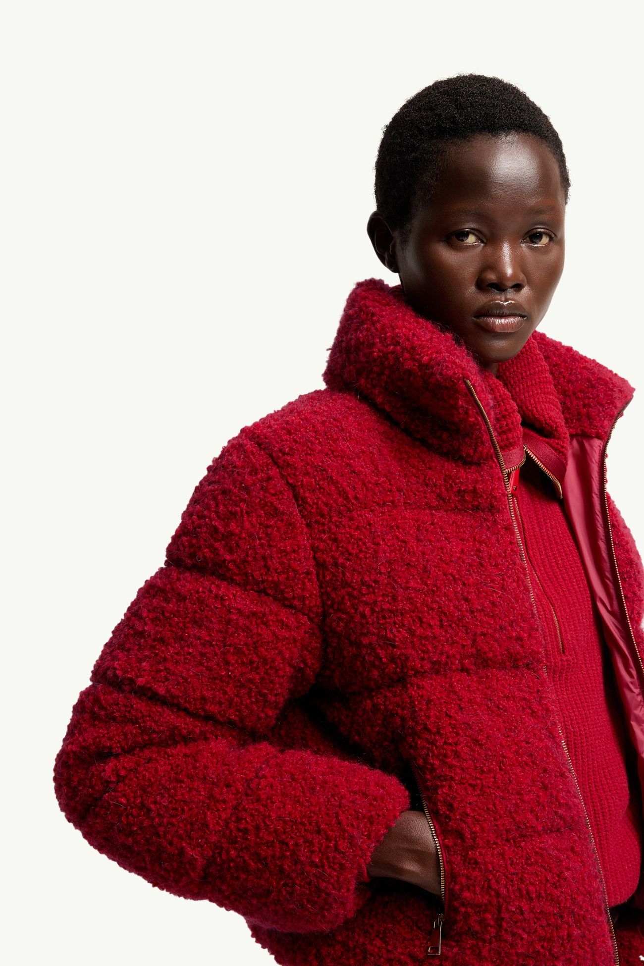 Trascendance Tweed Short Down Jacket Women Red Moncler 5