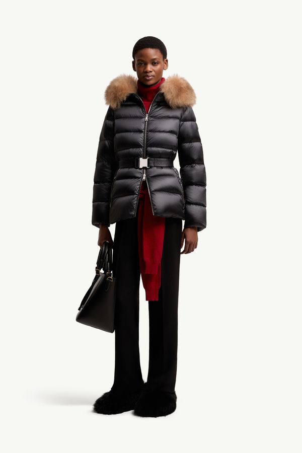 Cupidones Hooded Shearling-Trimmed Short Down Jacket Women Black & Beige Moncler 0