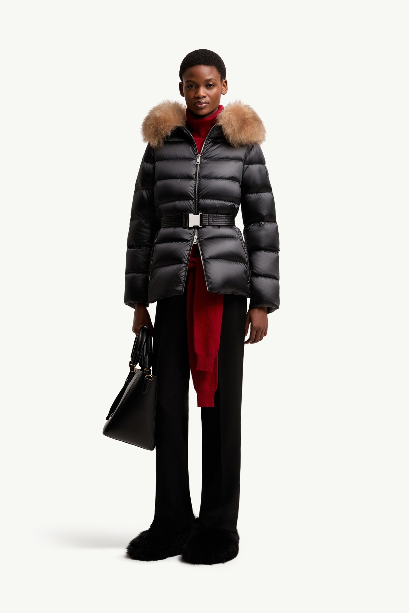 Piumino corto Cupidones con cappuccio e orlo in shearling Donna Nero & Beige Moncler 0