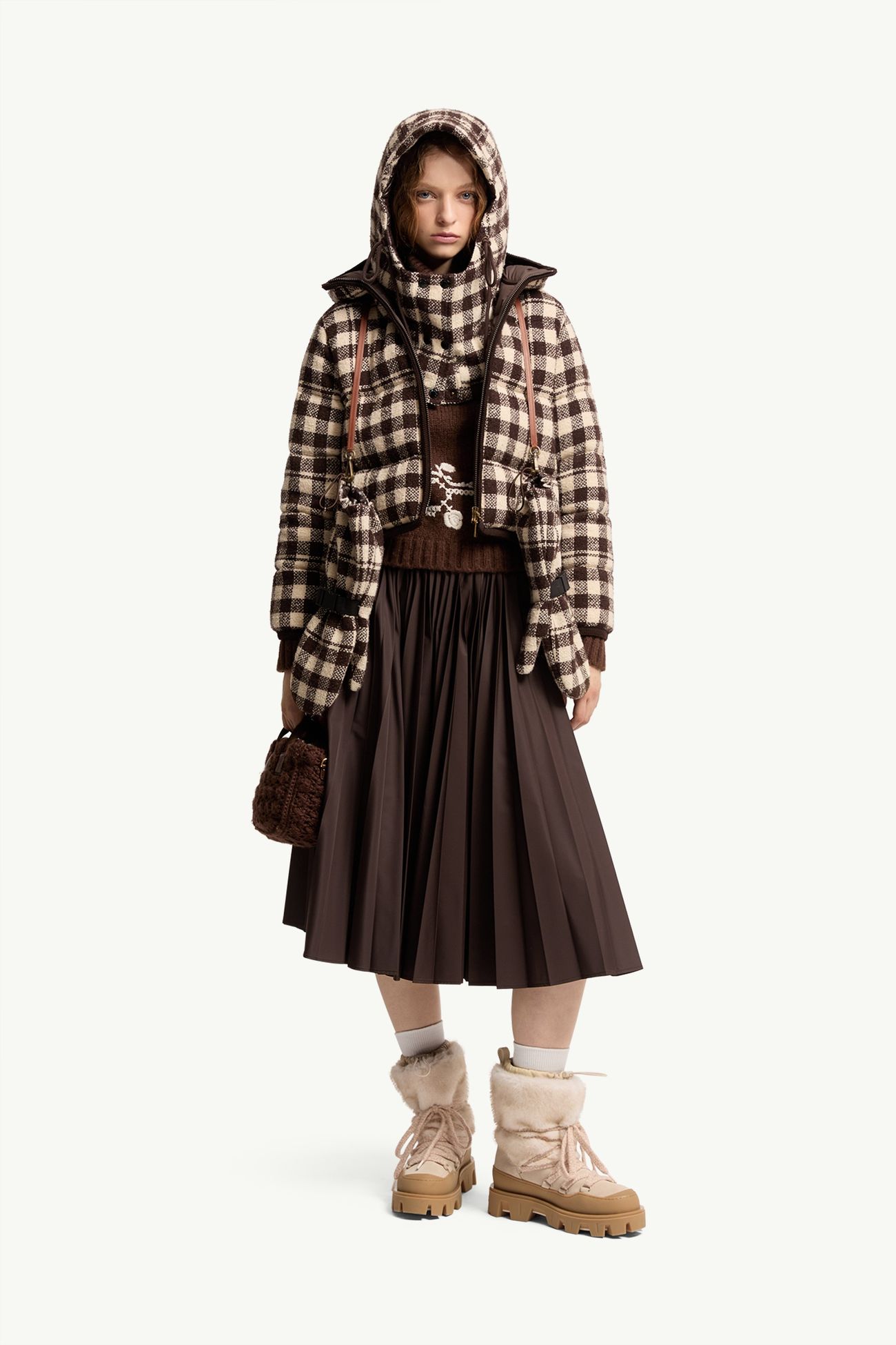 Abstraction Hooded Wool Blend Short Down Jacket Women Brown & White Moncler 0