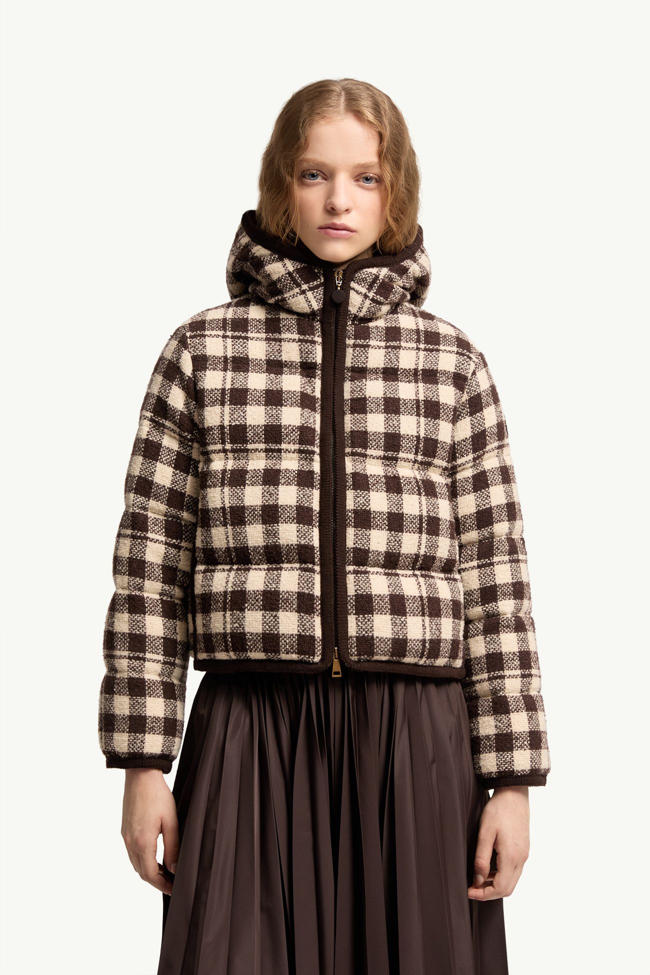 Abstraction Hooded Wool Blend Short Down Jacket Women Brown & White Moncler 3