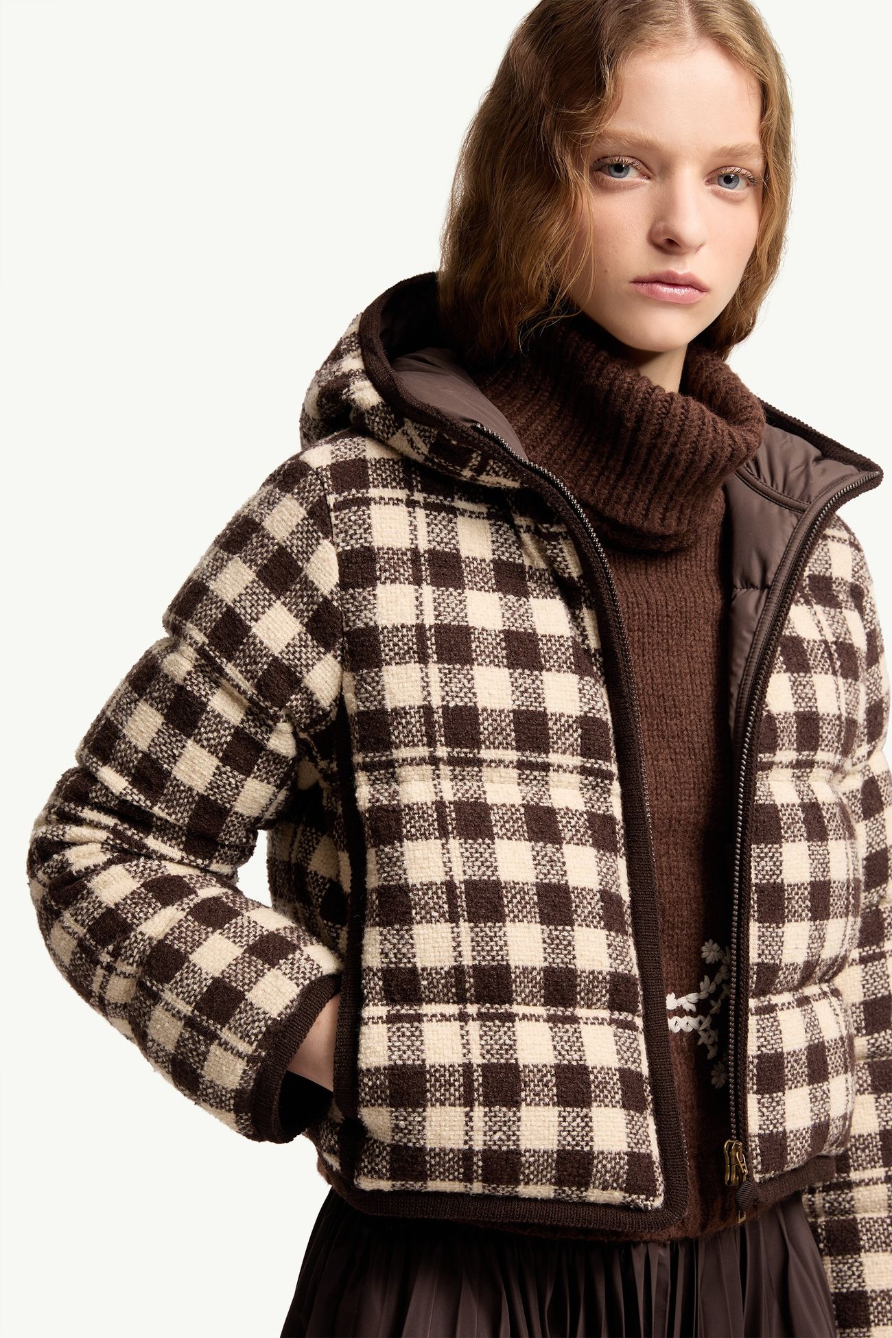 Abstraction Hooded Wool Blend Short Down Jacket Women Brown & White Moncler 5
