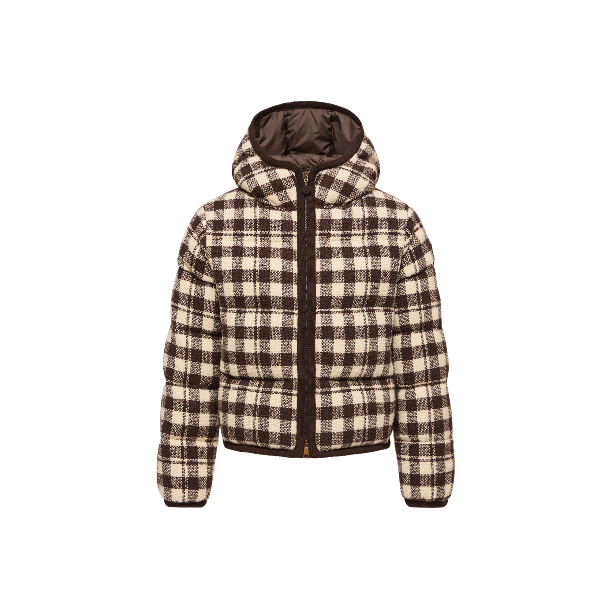 Moncler   Abstraction Hooded Wool Blend Short Down Jacket for Women in Brown, Size: 10