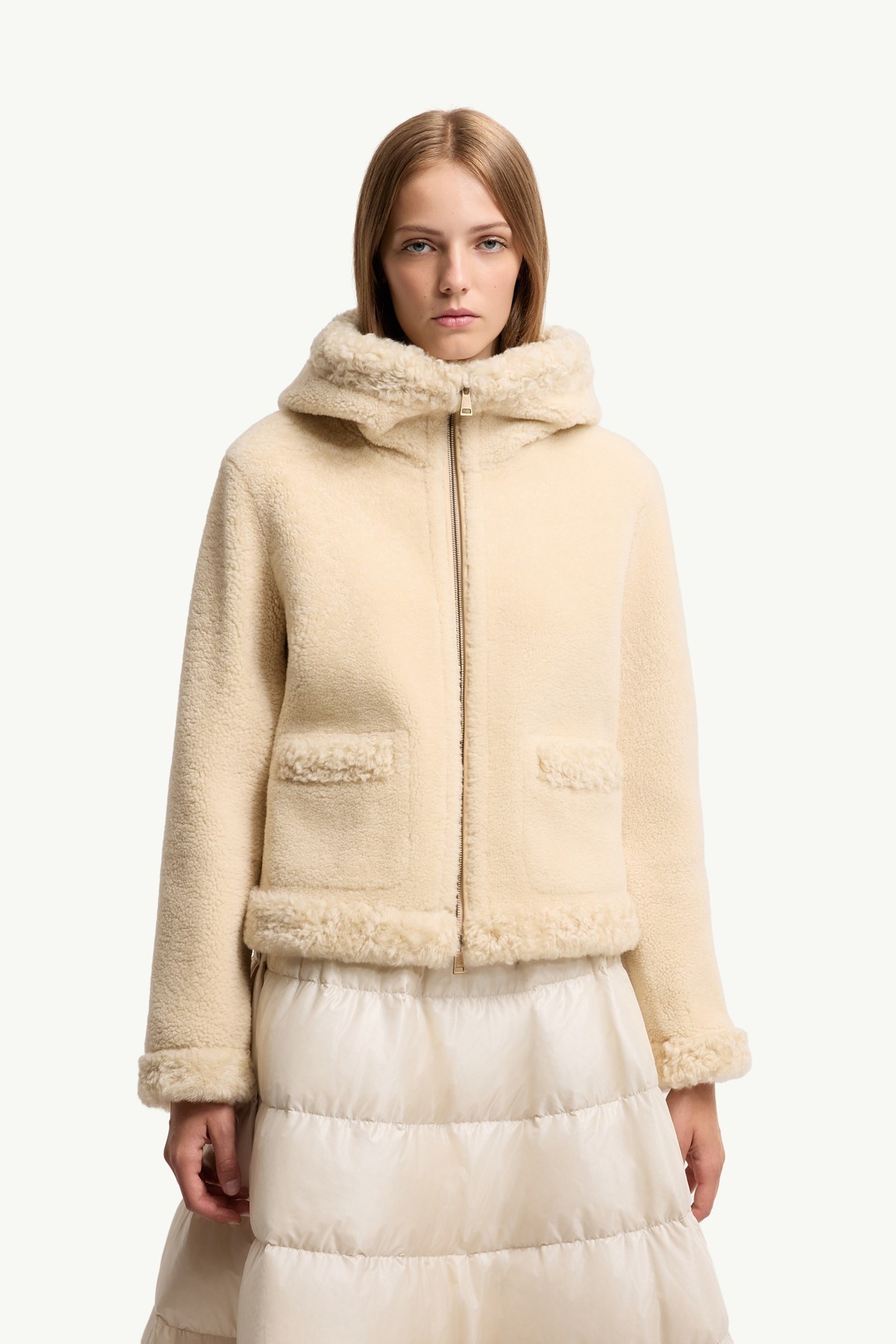 Leuctre Hooded Shearling Short Down Jacket Women Light Beige Moncler 3