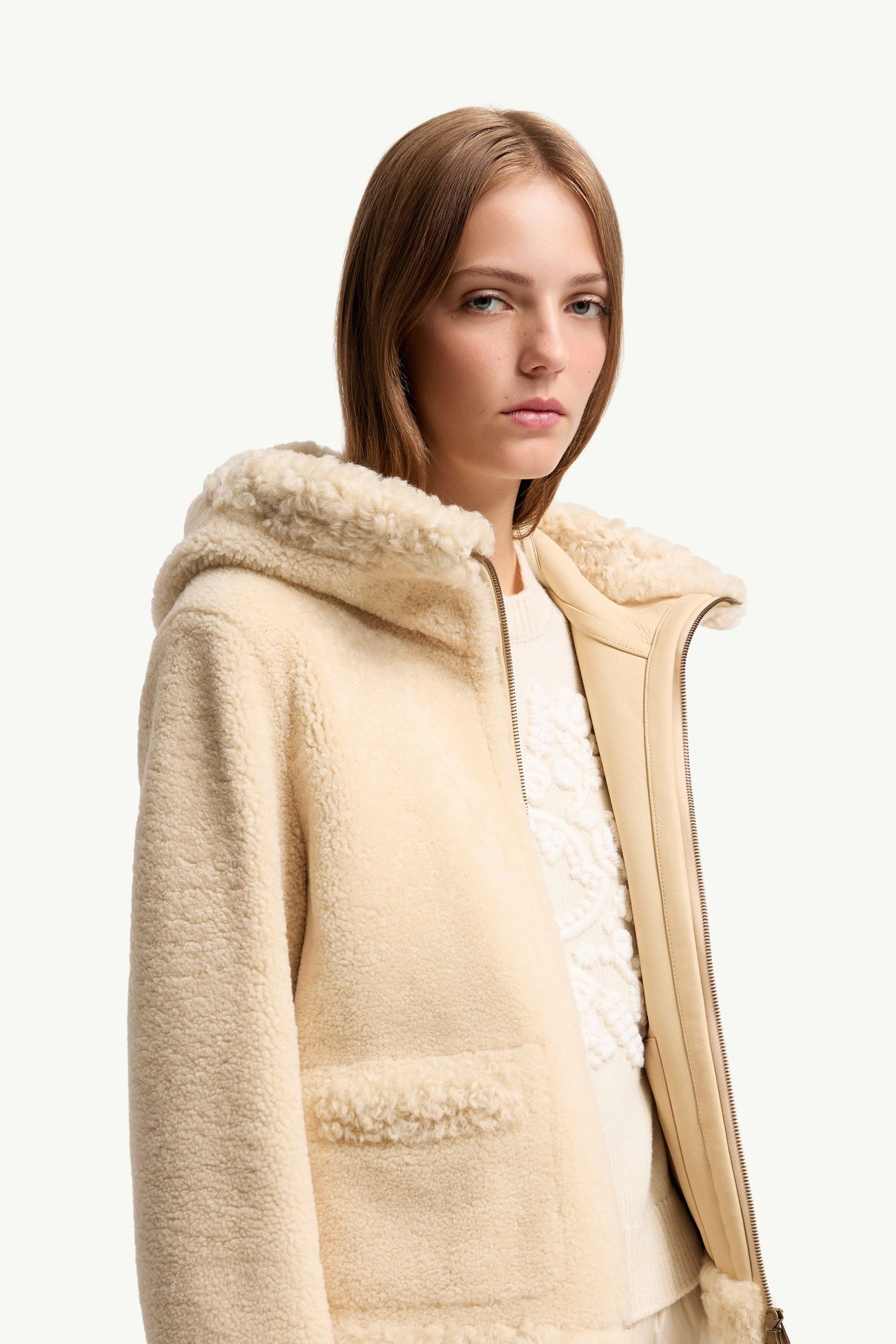 Leuctre連帽羔羊毛短身羽絨外套 女士 淺米色 Moncler 6