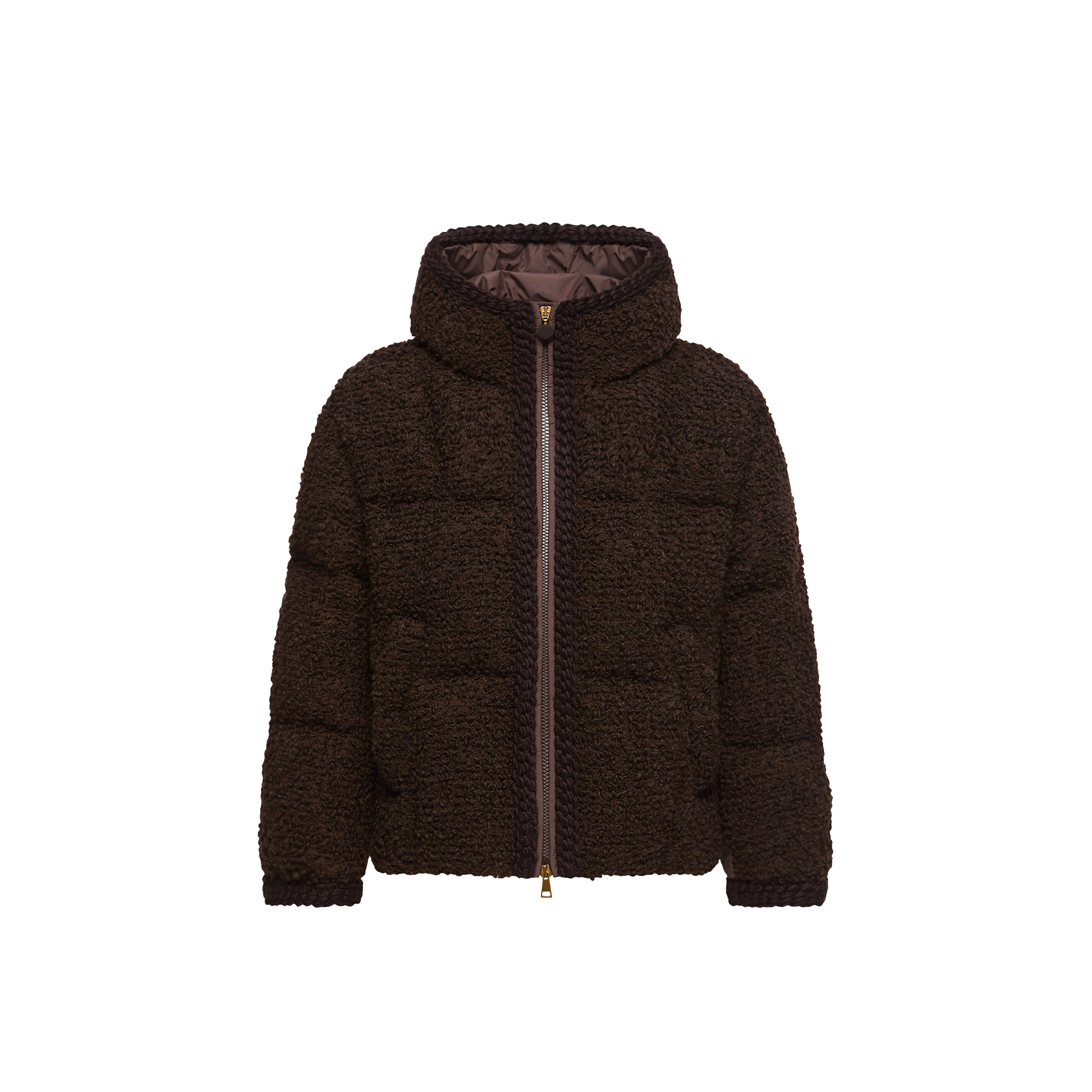 Moncler   Cristallin Hooded Wool Blend Short Down Jacket for Women in Brown, Size: 24