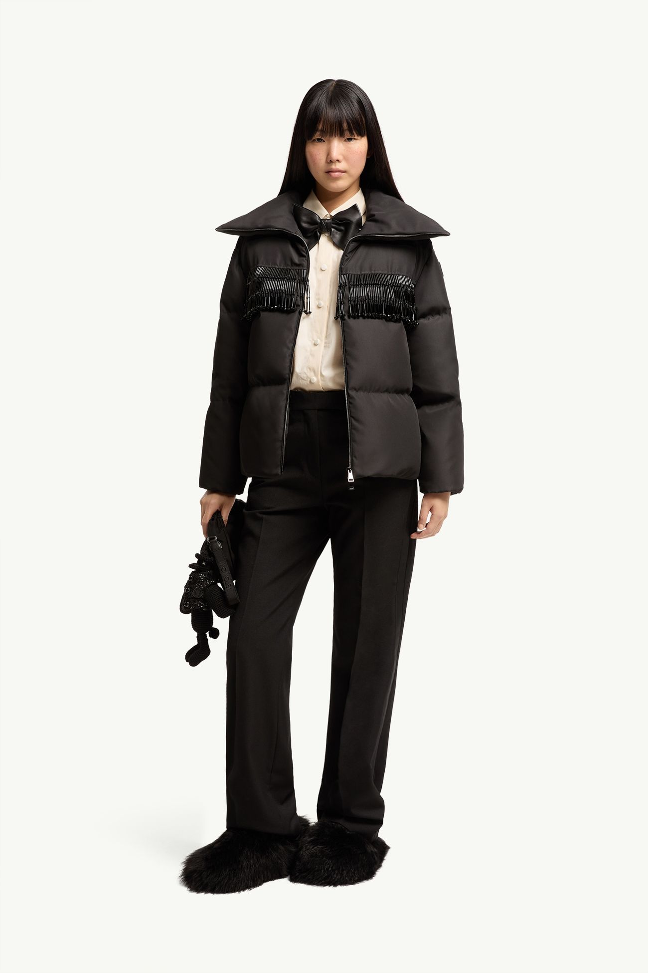 Manchot Beaded-Trim Mid-Length Down Jacket Women Black Moncler 0