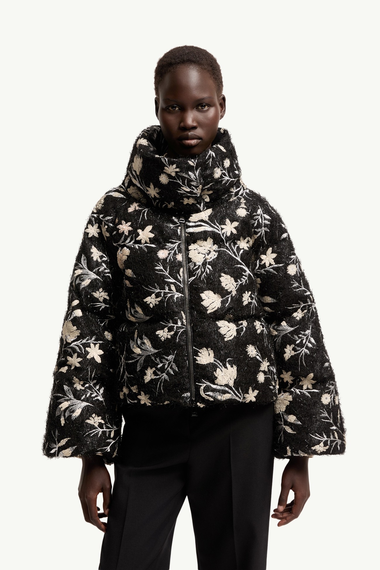 Piumino corto Perroquet con paillettes floreali Donna Nero Moncler 3