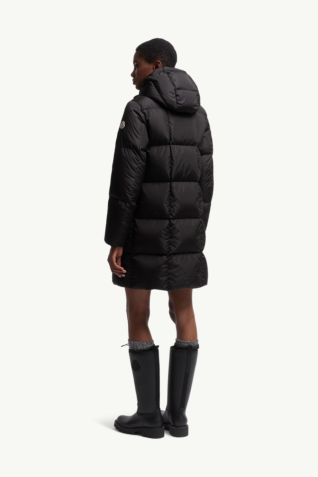 Litte Square-Quilted Hooded Long Down Jacket Women Black Moncler 4