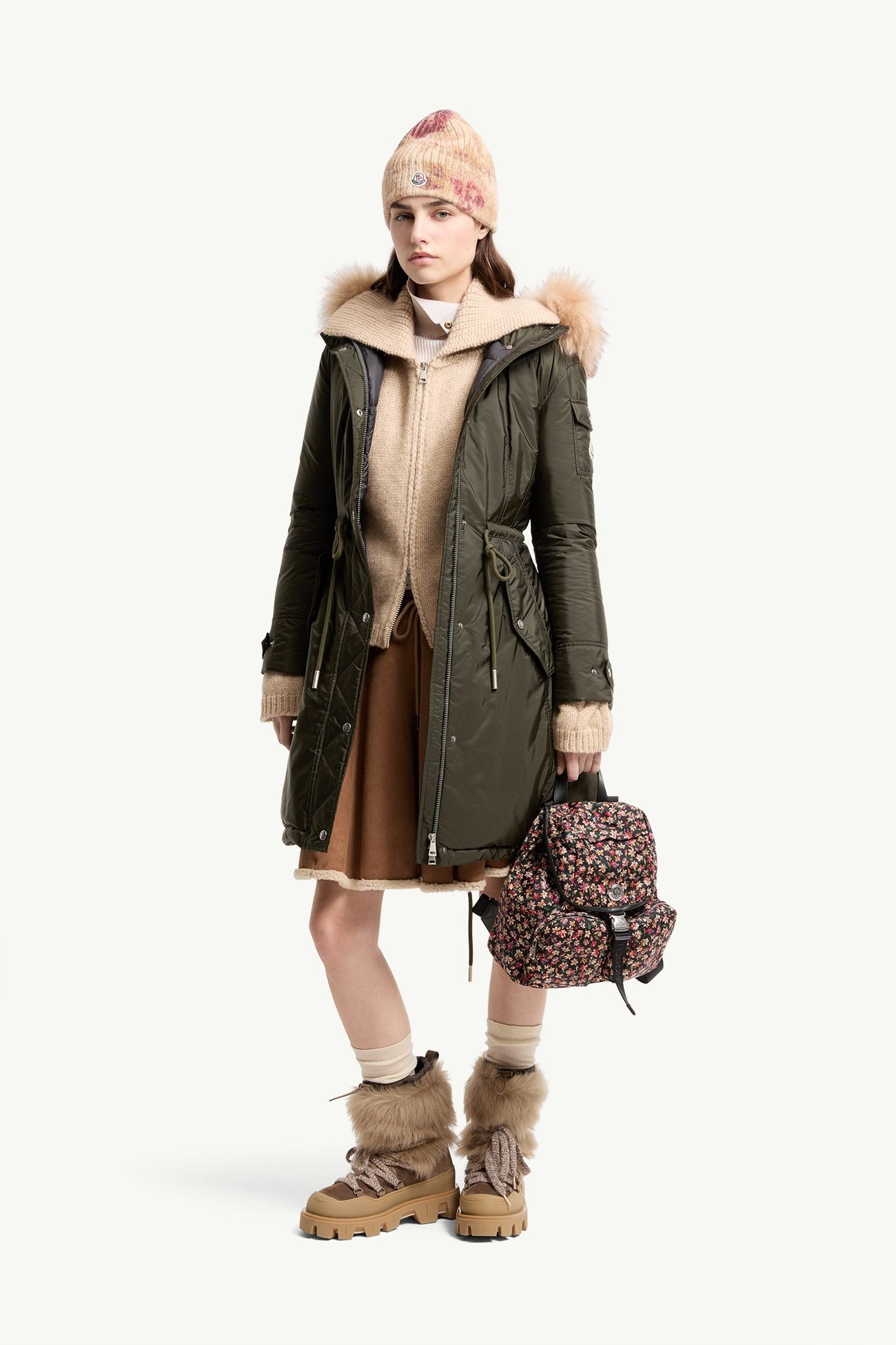 Moustique langer Daunenparka mit Kapuze und Shearling-Besatz Damen Dunkelgrün Moncler 0