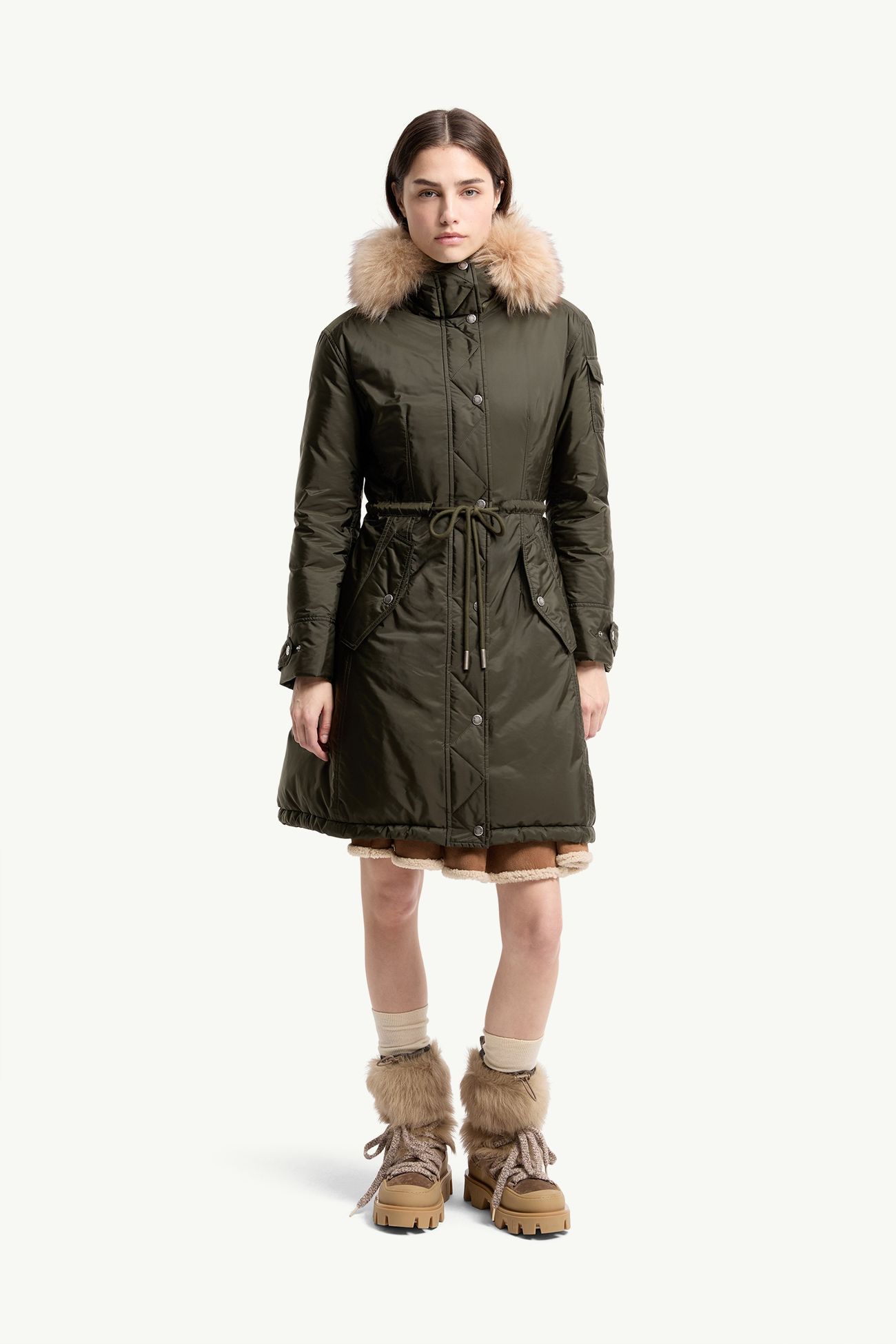 Moustique Hooded Shearling Trimmed Long Down Parka Women Dark Green Moncler 3