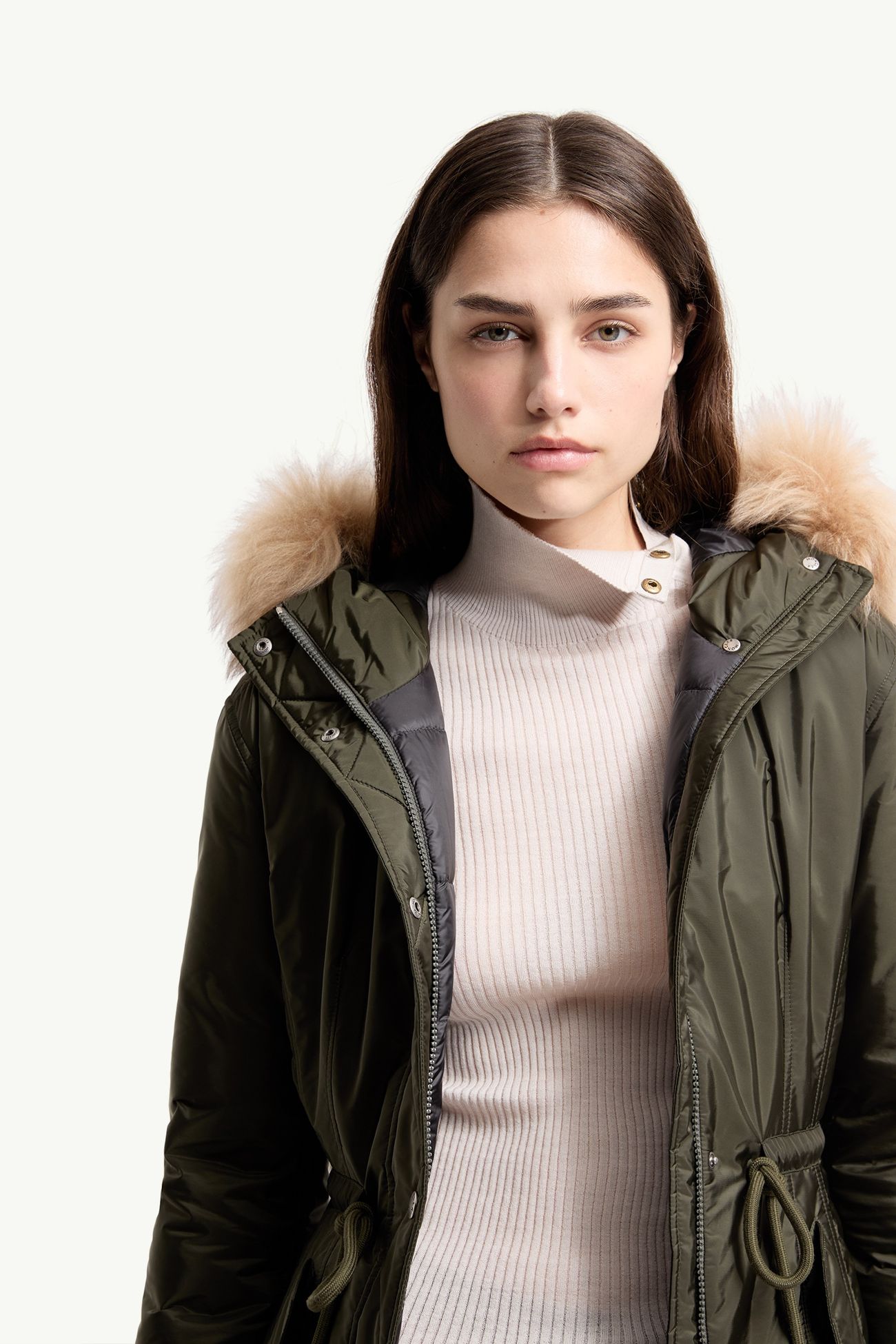 Moustique langer Daunenparka mit Kapuze und Shearling-Besatz Damen Dunkelgrün Moncler 5