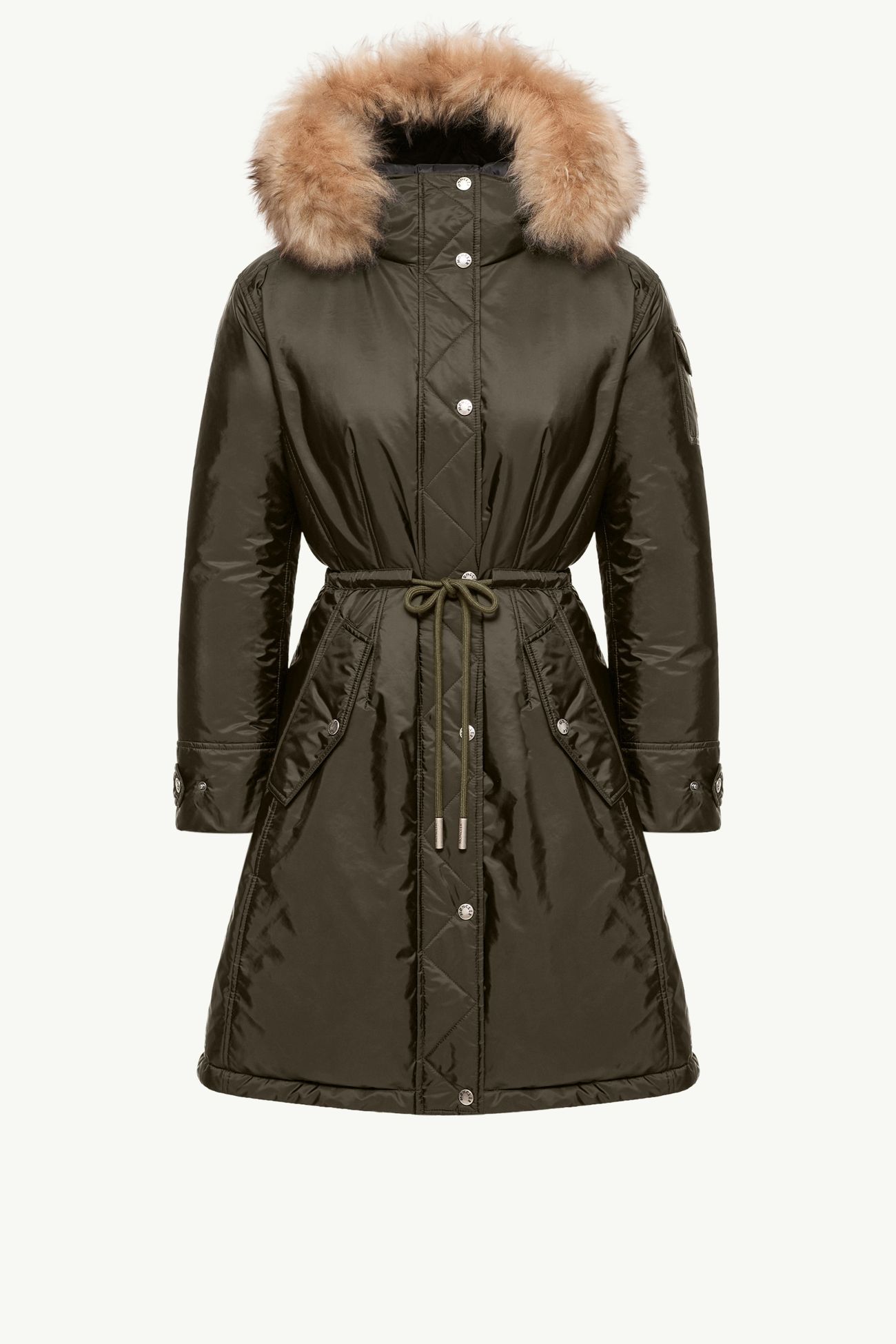 Parka Imbottito Lungo con Cappuccio e Dettagli in Shearling Moustique Donna Verde Scuro Moncler 2