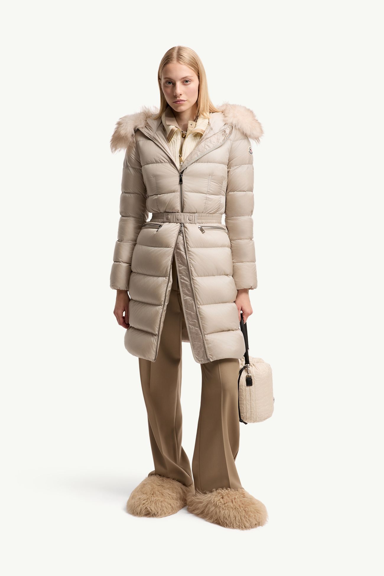 Plumífero largo con capucha de y ribete de lana de oveja joven Boedic Mujer Beige Claro Moncler 0