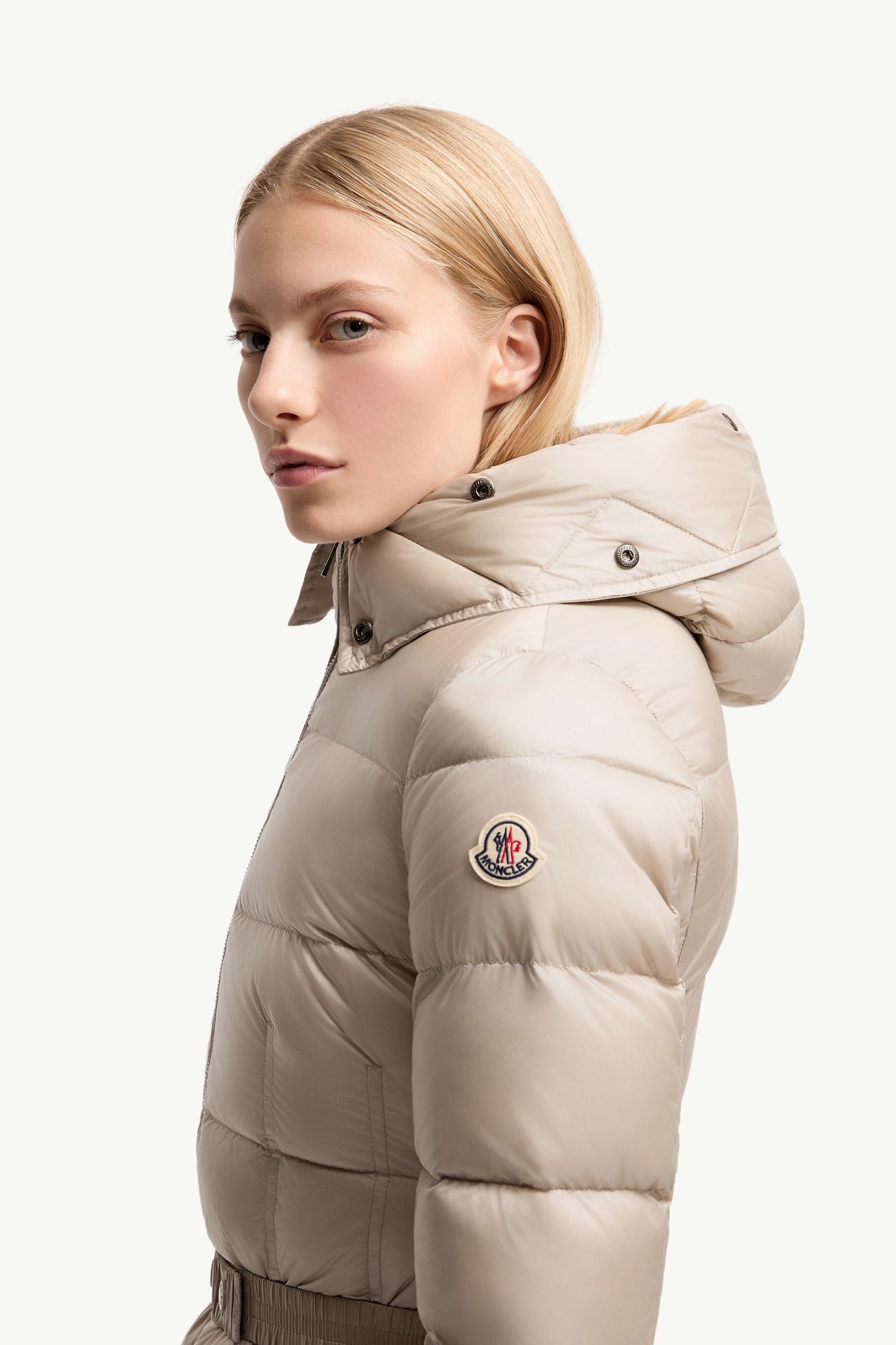Boedic Hooded Shearling-Trimmed Long Down Jacket Women Light Beige Moncler 1