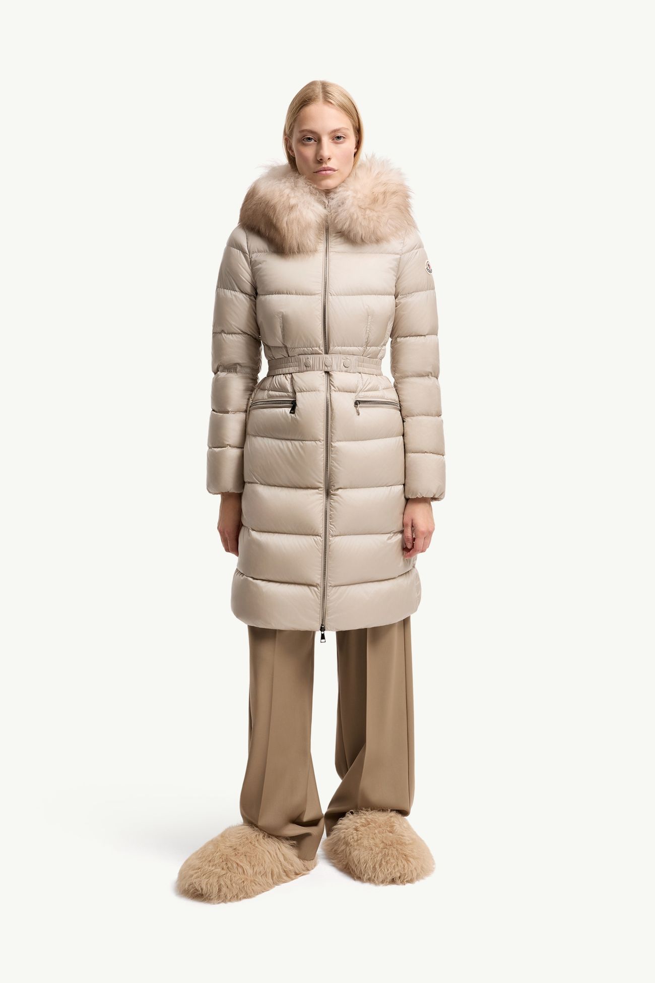 Boedic連帽羔羊毛飾邊長身羽絨外套 女士 淺米色 Moncler 3