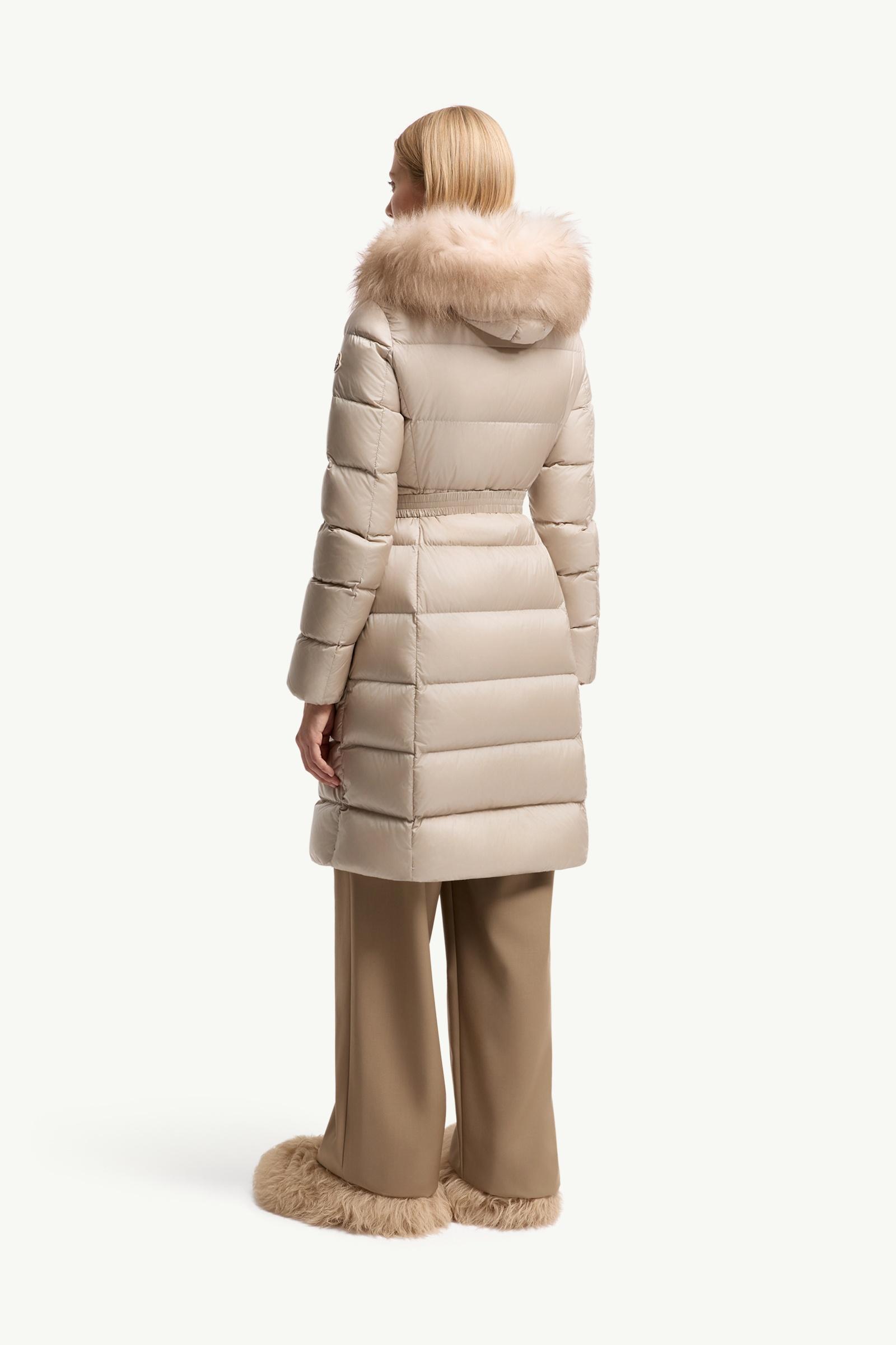 Light Beige Boedic Hooded Shearling-Trimmed Long Down Jacket