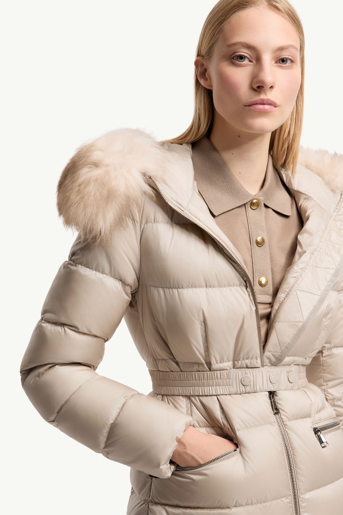 Boedic Hooded Shearling-Trimmed Long Down Jacket Women Light Beige Moncler 5