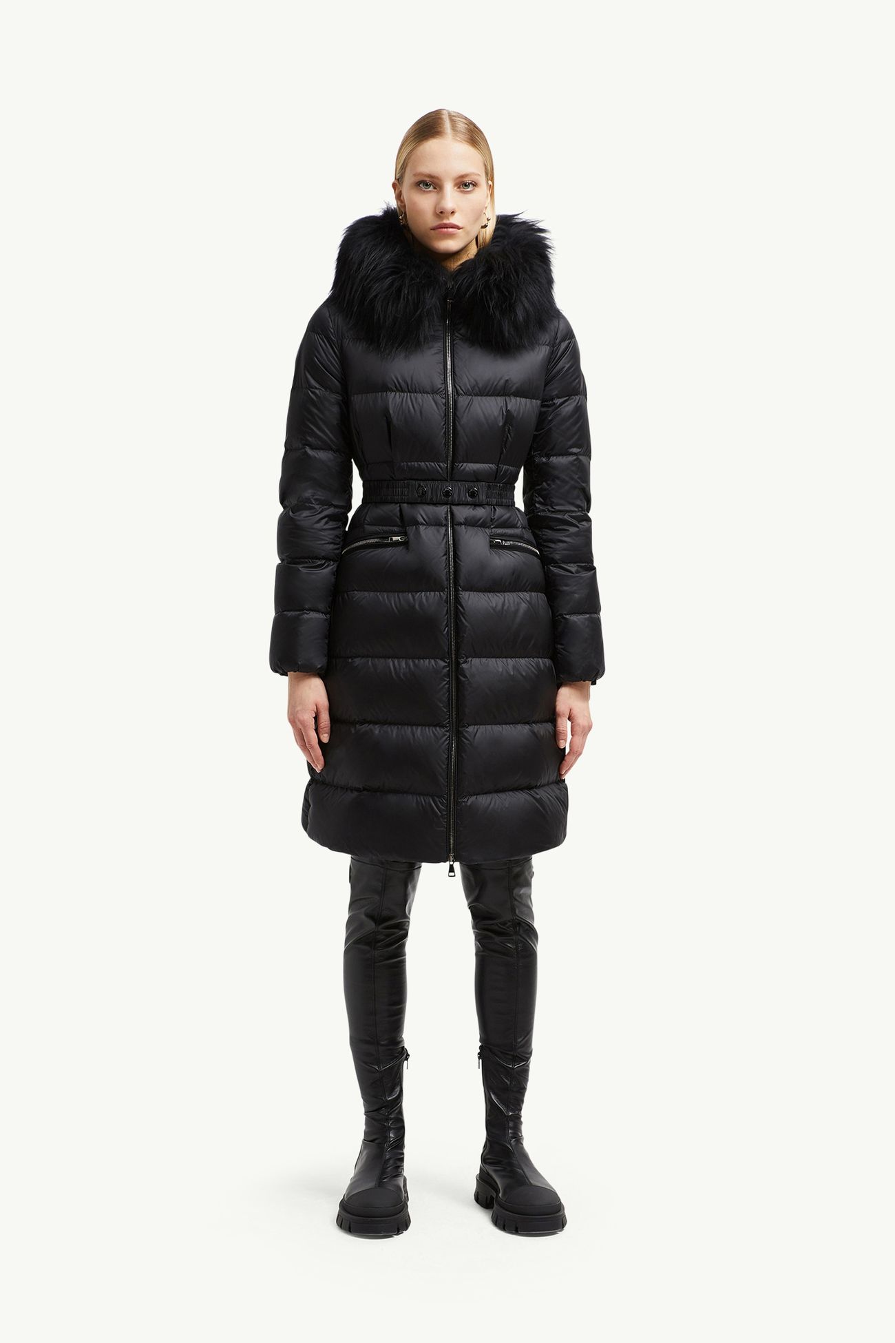 Boedic Hooded Shearling-Trimmed Long Down Jacket Women Black Moncler 3