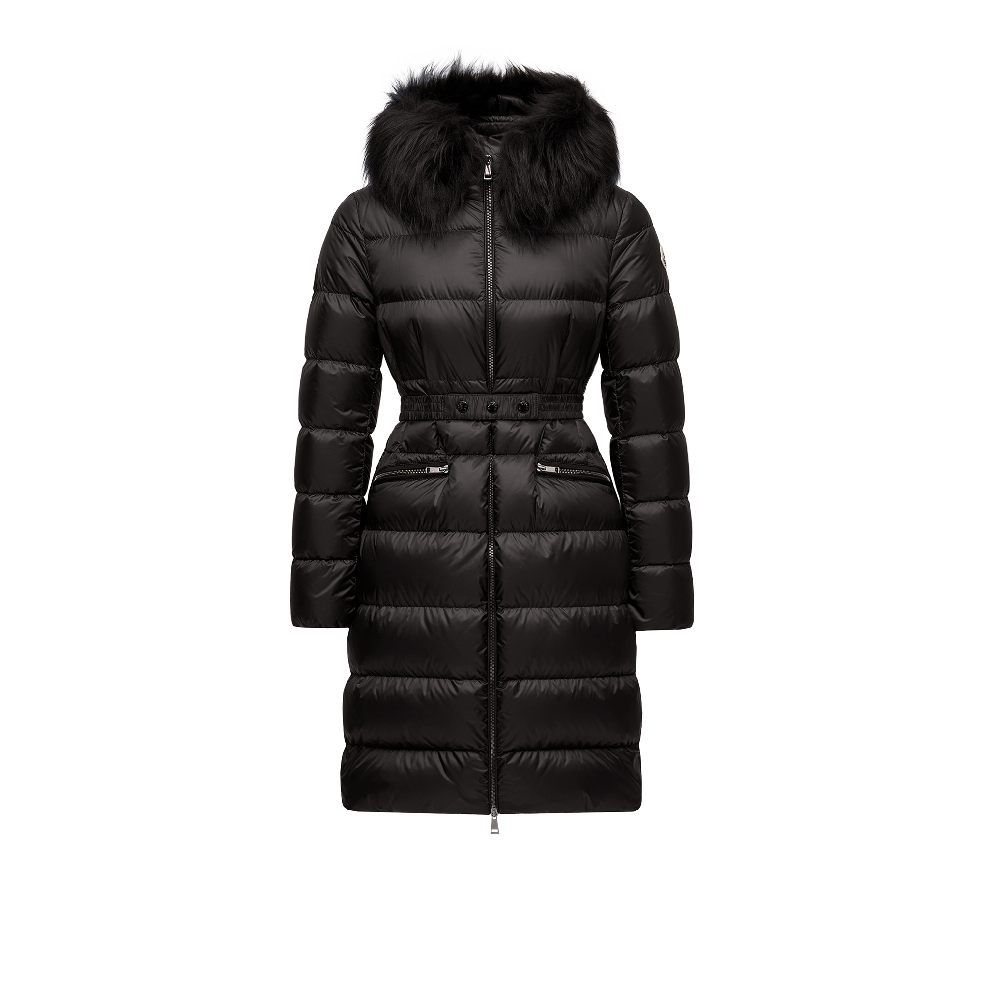 Moncler   Boedic Hooded Shearling-Trimmed Long Down Jacket for Women in Black, Size: 20