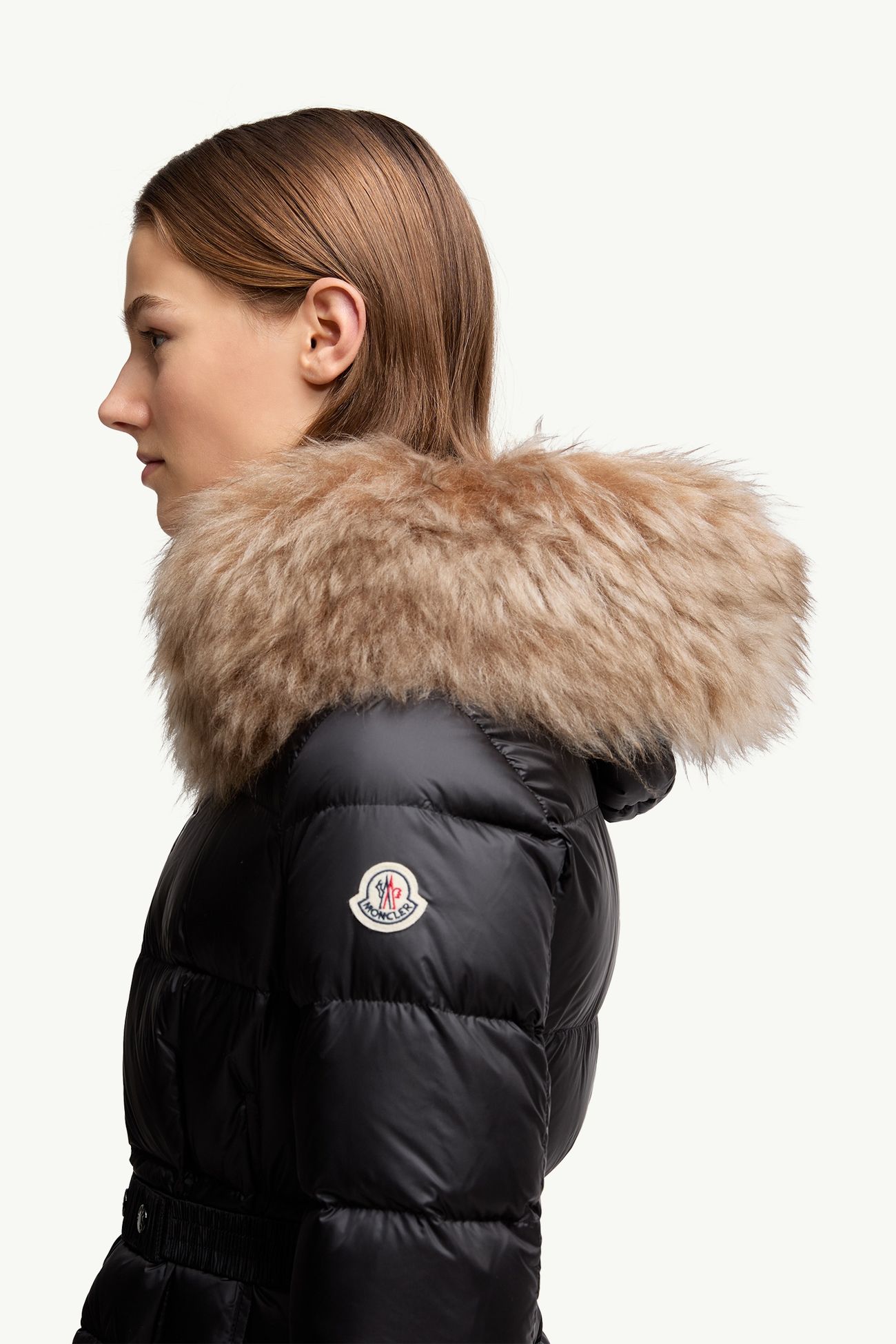 Boedic 후드 시어링 트리밍 롱 다운 재킷 여성 블랙 & 베이지 Moncler 1