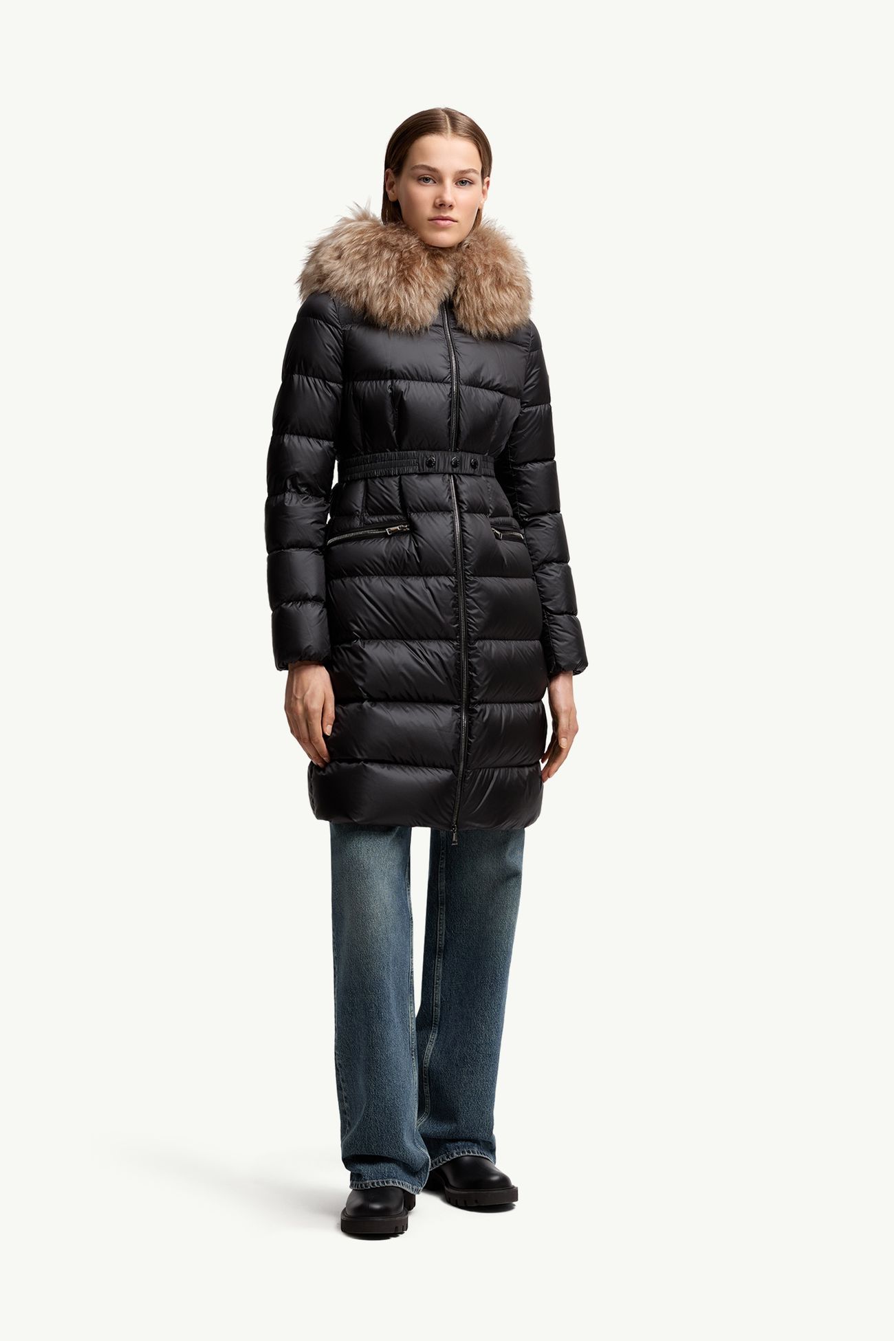 Boedic lange Daunenjacke mit Kapuze und Shearling-Besatz Damen Schwarz & Beige Moncler 3