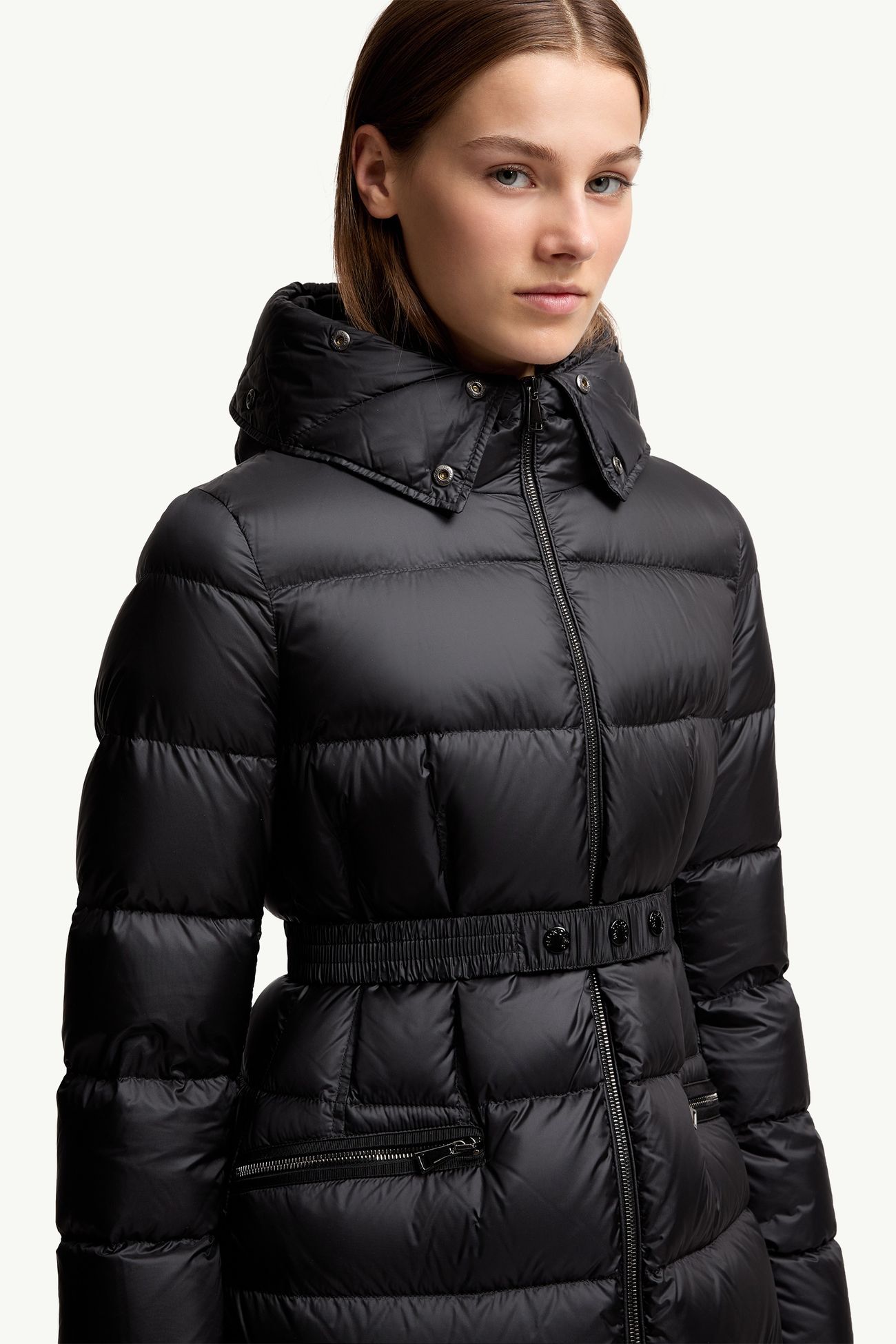 Boedic lange Daunenjacke mit Kapuze und Shearling-Besatz Damen Schwarz & Beige Moncler 5