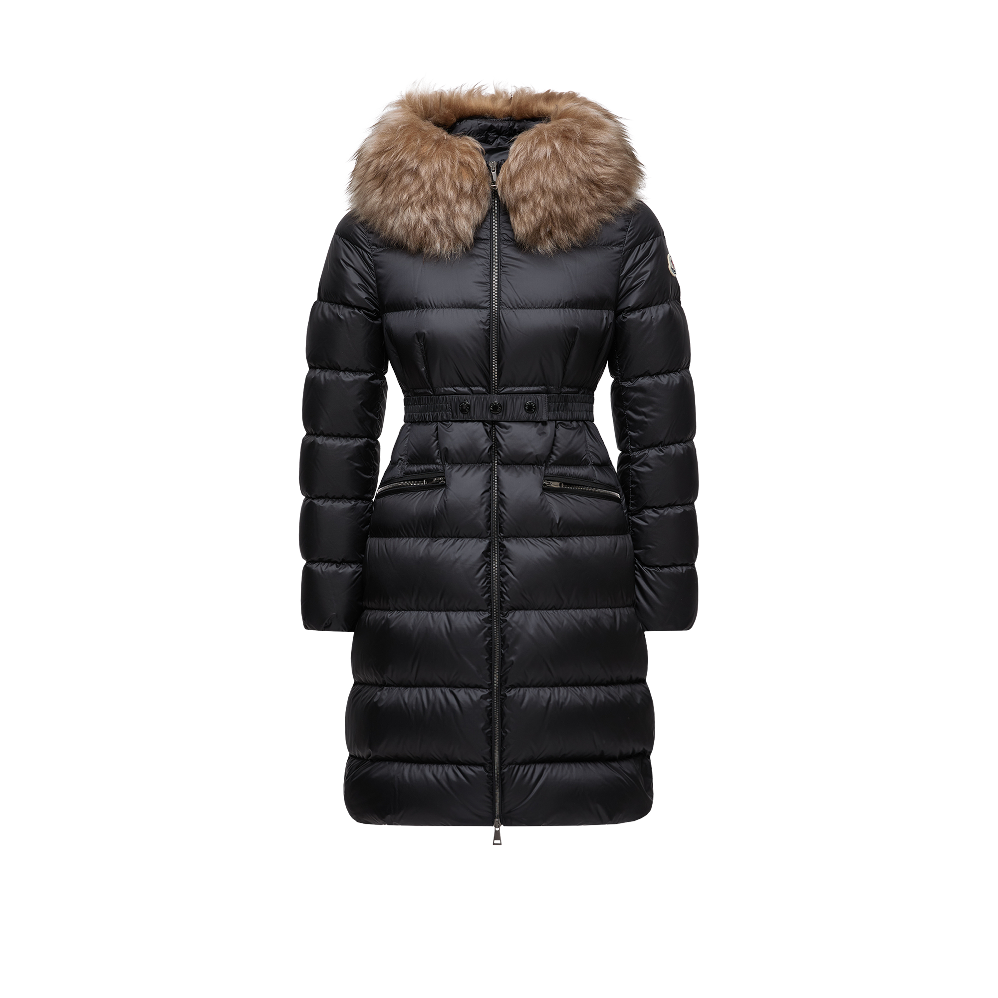 Moncler   Boedic Hooded Shearling-Trimmed Long Down Jacket for Women in Black, Size: 14