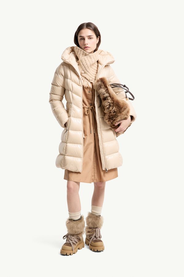 Marusse Hooded Mid-Length Down Jacket Women Light Beige Moncler 0